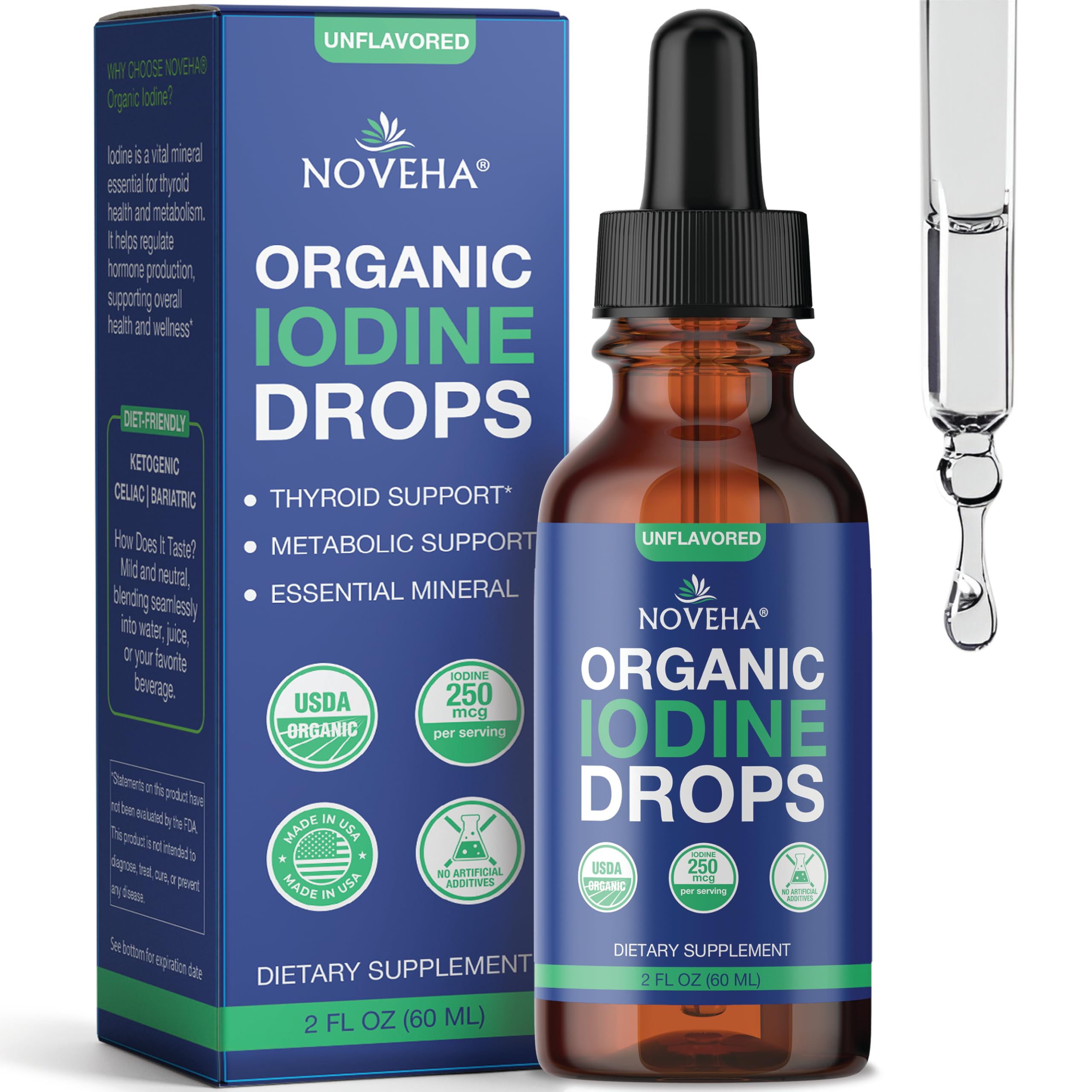 NOVEHA Organic Iodine Drops for Thyroid Health & Metabolism Support - Potassium Iodide Liquid Supplement, 250 mcg per Serving, USDA Organic, Vegan, Non-GMO, Gluten-Free | 30-Month Supply - 2 Fl Oz 2 Fl Oz (Pack of 1)