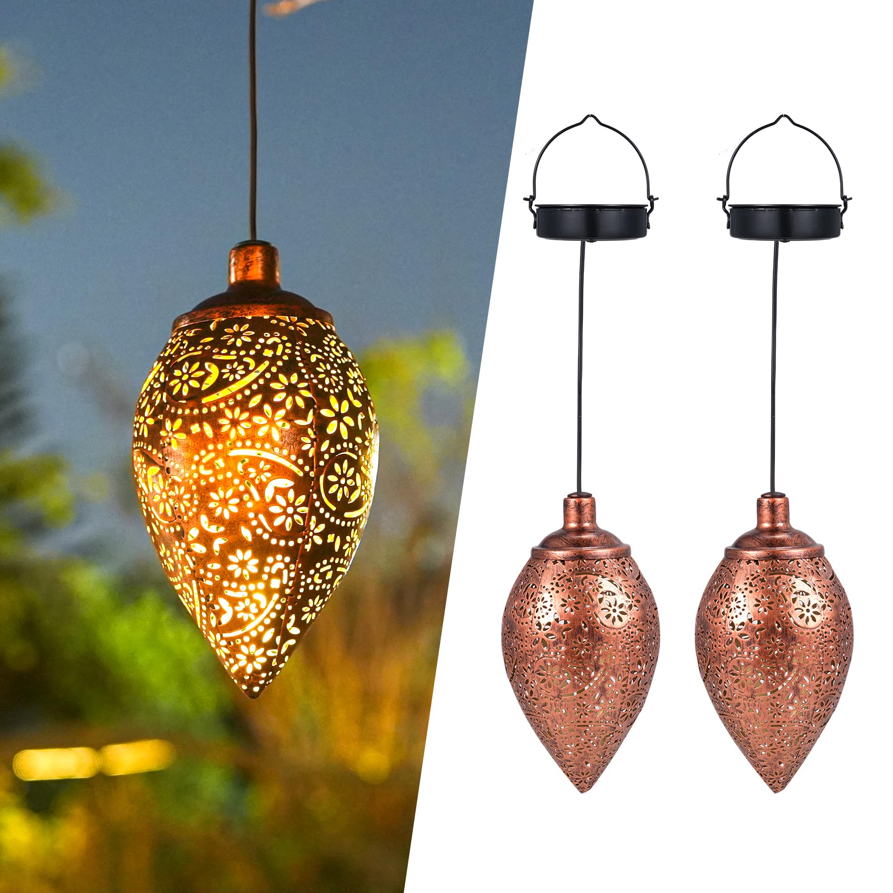 Görvitor Solarlaterne für Außen 2 Stück, Metall Solar Laternen für Draußen Wasserdicht IP65, Warmweiß Paisley Solarlampen für Außen Gartendeko Hängend für Balkon Garten (Olivenform)