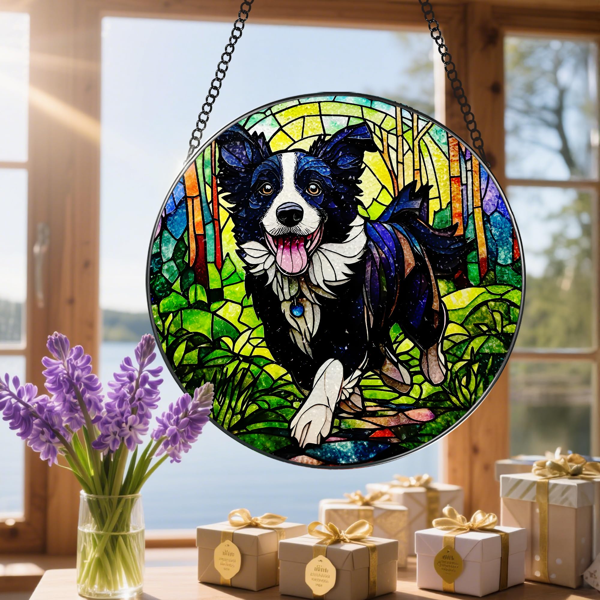 20 cm witrażowa ozdoba na okno, ozdoba z witrażem Border Collie, ozdoba łapacza słońca, dekoracja okna | prezenty dla miłośników psów, prezent dla miłośnika psów, prezent dla miłośnika