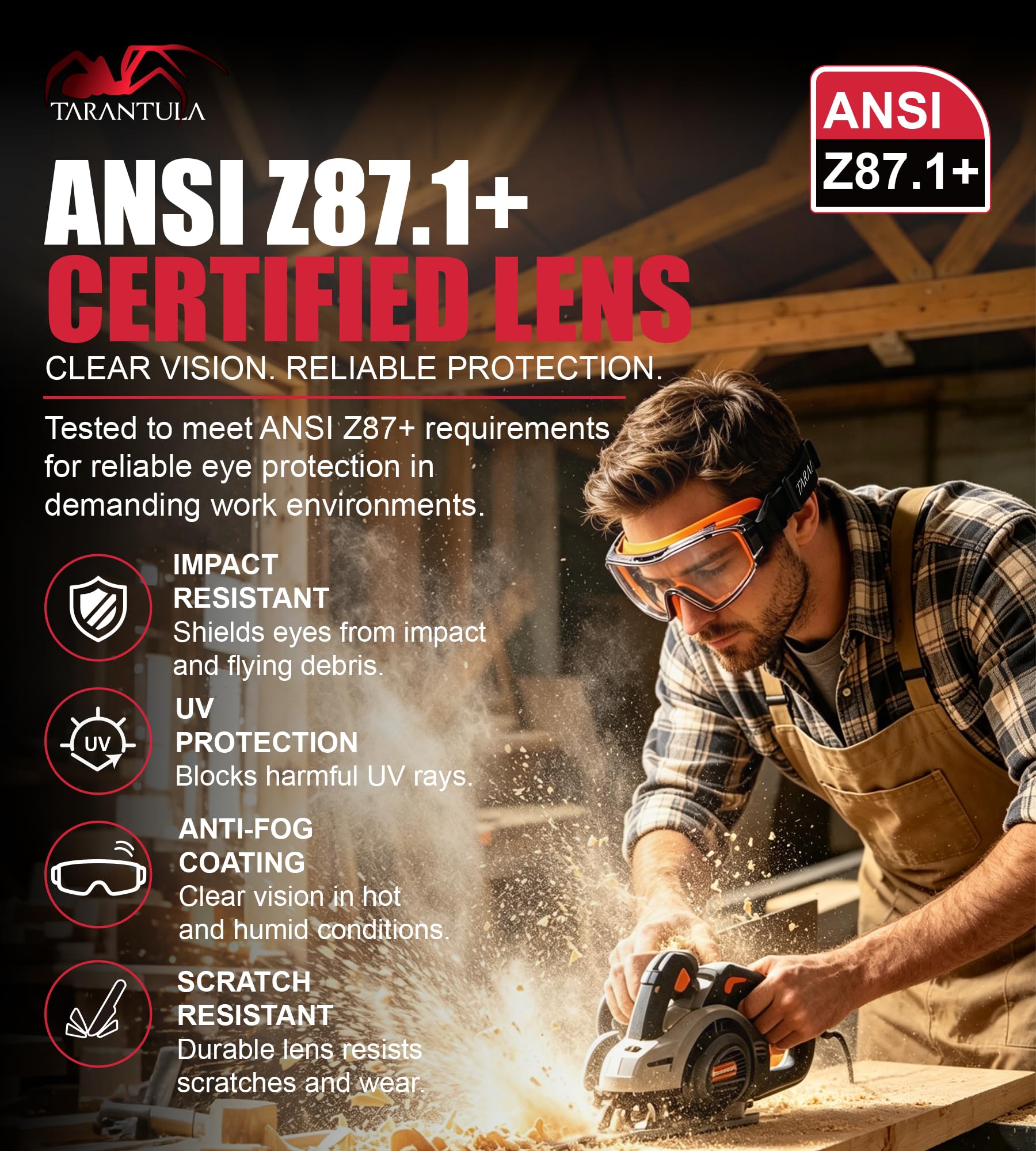 Tarantula ANSI Z87.1+ - Gafas de seguridad sobre gafas, lentes UV380 antivaho y antiarañazos, correa ajustable, protección ocular de alto impacto para laboratorio, carpintería y bricolaje