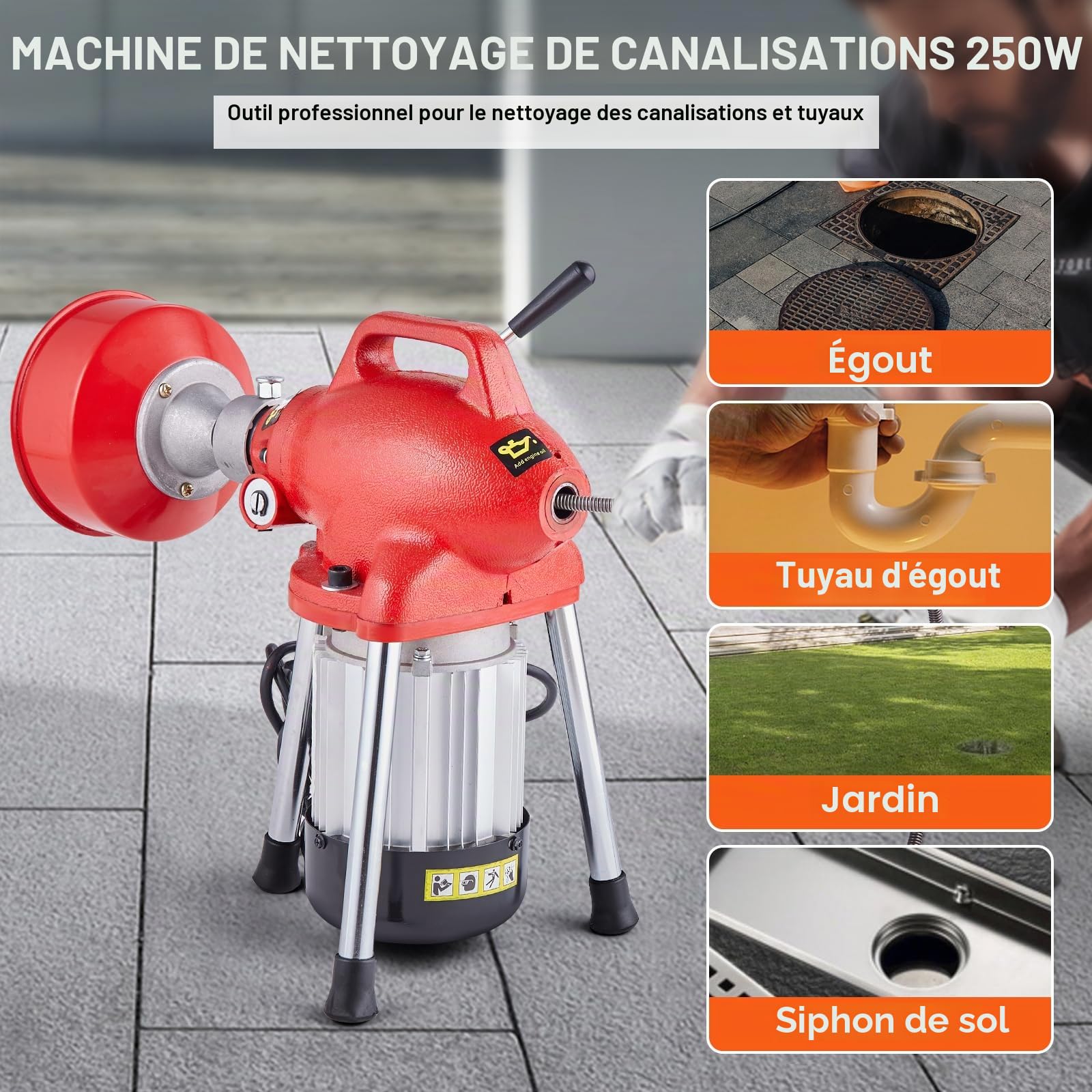 VEVOR Déboucheur Électrique Canalisation 20 m x 16 mm Machine Nettoyage Tuyaux Alimentation Manuelle 250 W 7 Coupeurs, 2 Câbles Acier 20 m x 16 mm/4,6 m x 9,5 mm, Contrôle CW/CCW pour Tuyaux 4-10 cm