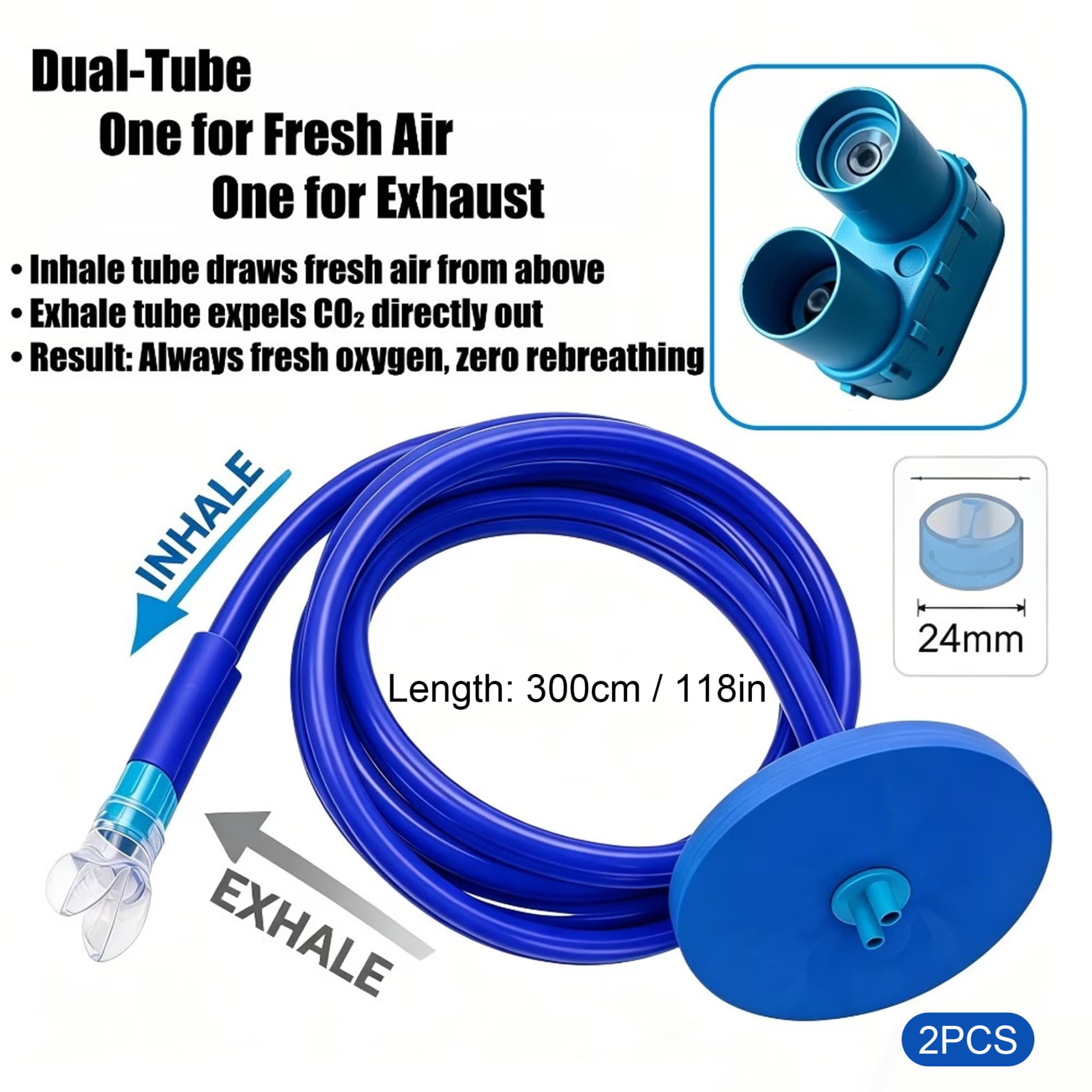 Dispositivo de respiración subacuática de 2 Piezas, Tubo Largo de Snorkel con diseño de Doble Tubo seco, Azul, 9, 84 pies