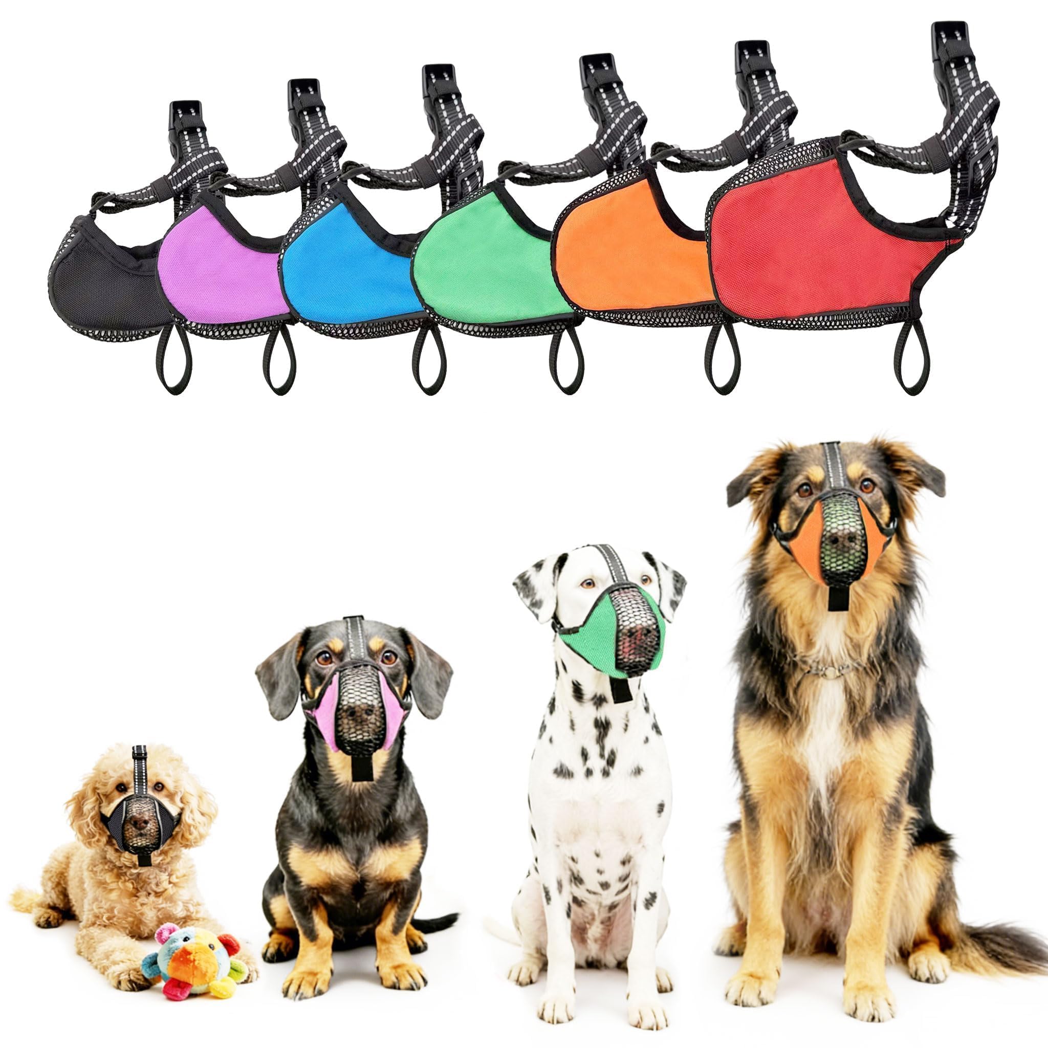 Maulkorb-Set für Hunde, 6 Größen, atmungsaktiv, für kleine, mittelgroße und große Hunde, weiches Nylon mit verstellbaren Riemen, atmungsaktives Netz-Design, verhindert Beißen, Schnitzen, für