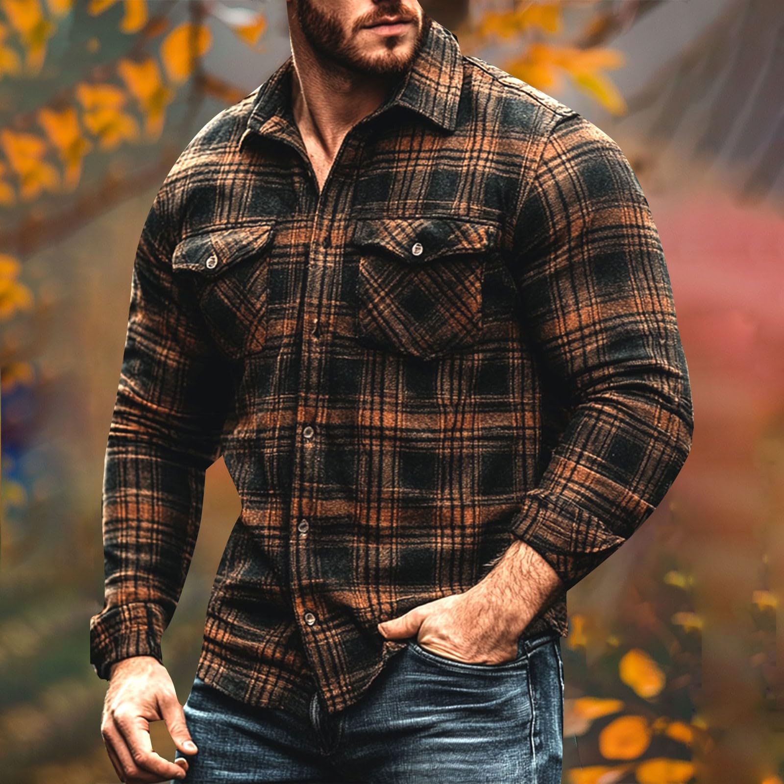Karohemd Herren Langarm, Slim Fit Sommerhemd, Vintage Langarmshirts, Herren Freizeithemd mit Klappentasche, für Herbst Sommer