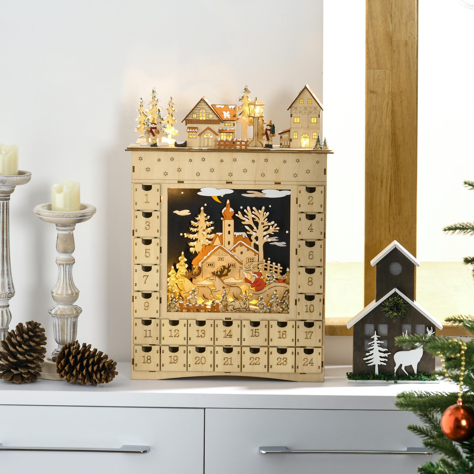 HOMCOM Calendario de Adviento para Llenar con Iluminación LED y 24 Cajones Cuenta Regresiva Calendario de Adviento de Madera de Navidad Decoración en Mesa 36x9x52 cm Natural