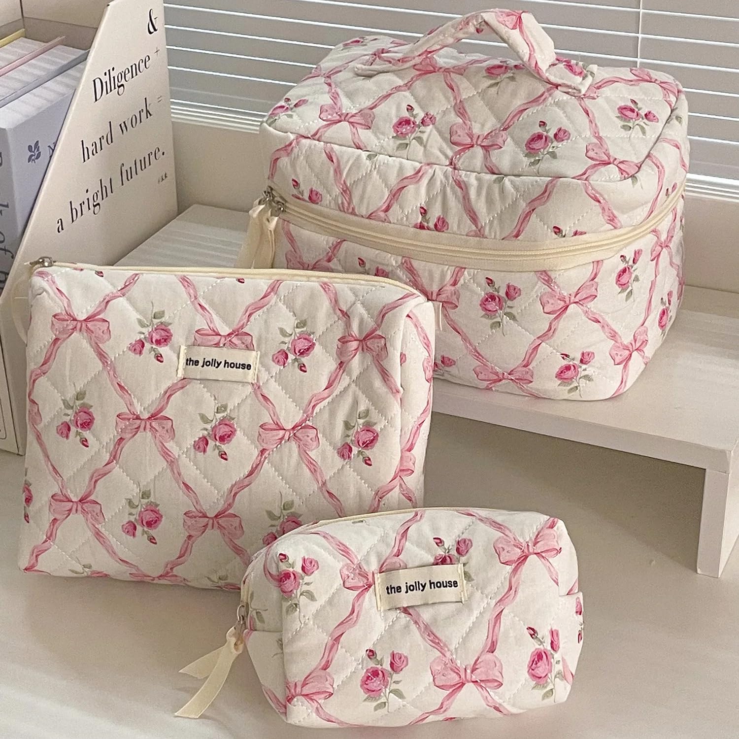 Borsa per Il Trucco con Grazioso Fiocco e trapuntatura Floreale, Borsa per Il Trucco da Donna in Cotone con Cerniera, Organizer cosmetico da Donna in Tessuto, Borsetta Portatile da
