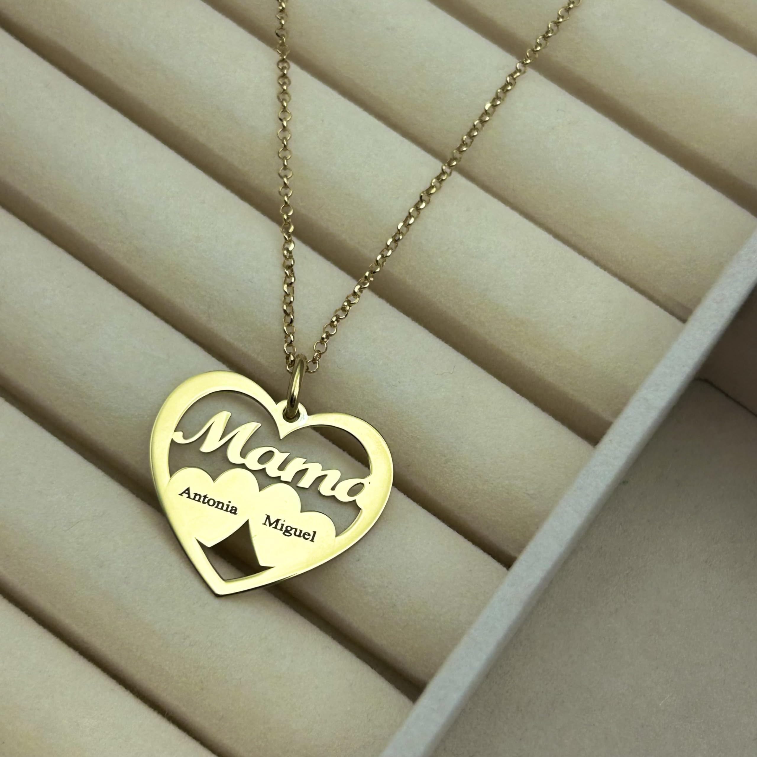 Collar Corazón para Mujer en Plata de Ley 925 personalizable con Nombres de Hijos. Cadena de 45 cm. Ideal para regalar a madres, abuelas en Cumpleaños, Navidad. Hecho en España. (2 Corazones Oro) — view 5