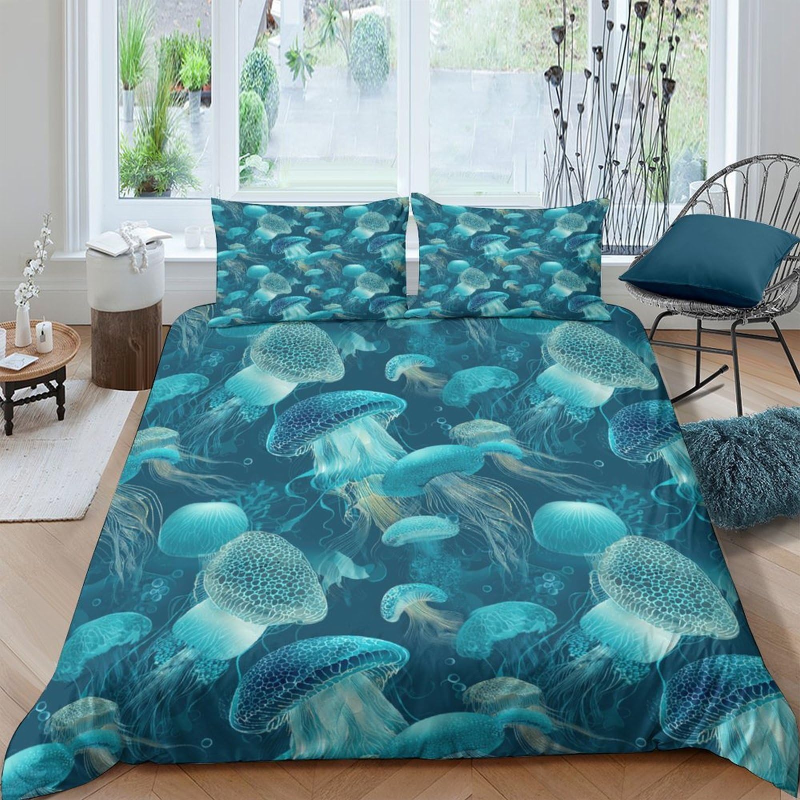 Ctjqhvkz Style-7 3D Printed Jellyfish Ocean Fitted Sheet Microfiber Blue Underwater Sea Bed Cover Bedroom Decor Machine Washable Single（135X200cm）