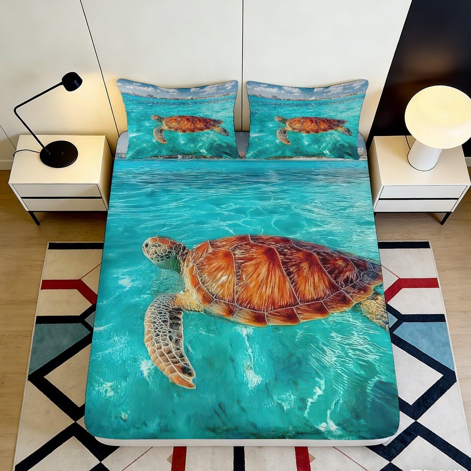 Pnayamiorkfel Style-8 3D Printed Sea Turtle Fitted Sheet Microfiber Blue Ocean Mattress Cover For Bedroom Guest Room Decor Easy Care 90X200x25cm