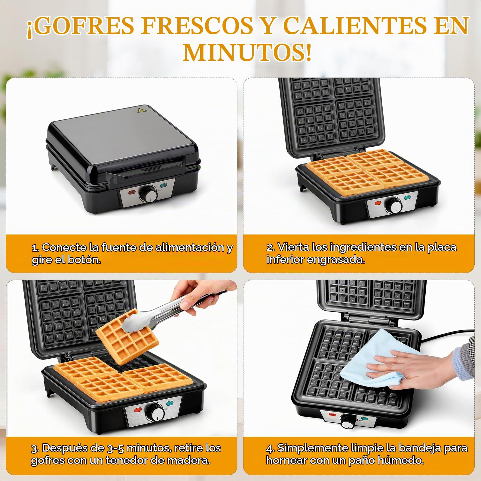 Cozary Gofrera Maquina de Gofres Waflera Antiadherente 1200W Hace 4 Gofres Belgas Temperatura Ajustable Acero inoxidable Diseño Compacto