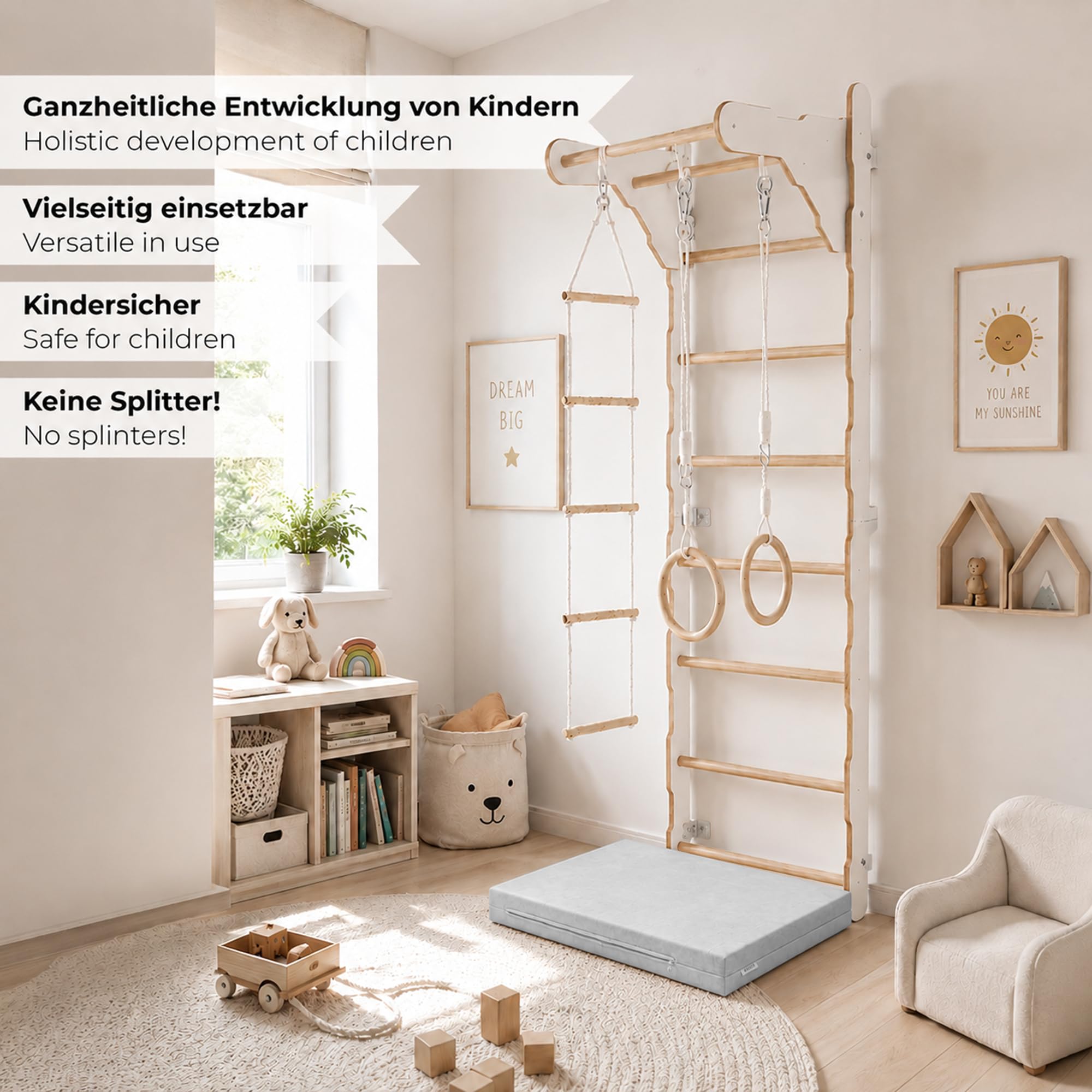 Gymnastik-Sprossenwand für Kinder (210 cm) | Wandmontierte Trainingsleiter | Strickleiter für Kinder |Holz-Spielplatz für Zuhause | Turnringe | 100% Öko | Hergestellt in der EU