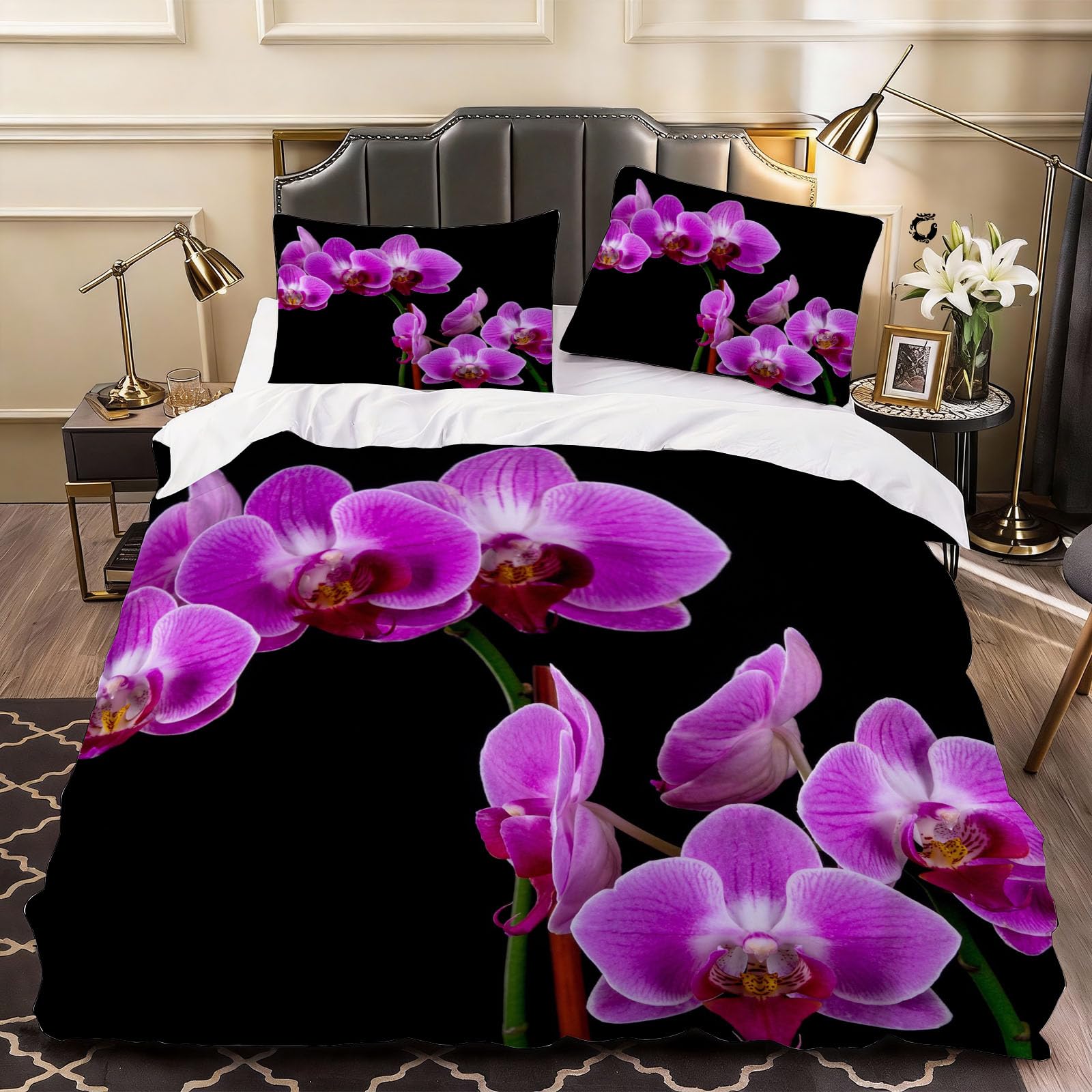 3D Orchid Duvet Cover Chinese Orchid Bedding Double Bed Set, Soft Microfiber Comforter Cover Printed with Zipper Closure Quilt Coverr 200x200 cm and 2 Pillowcases