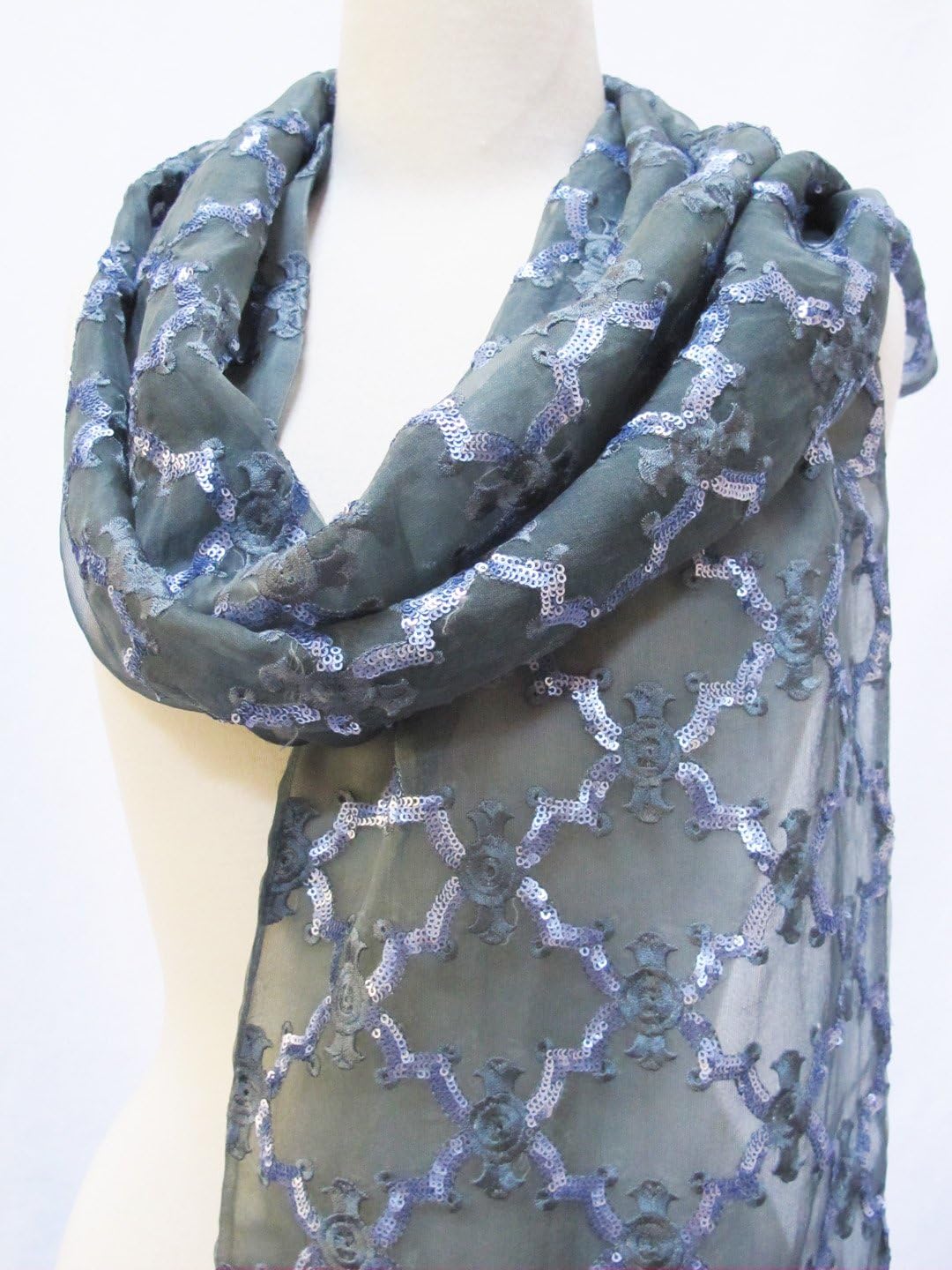 "Sequin Trellis" Embroidered Sheer Silk Scarf Stole Shawl Wrap Table Runner Grey