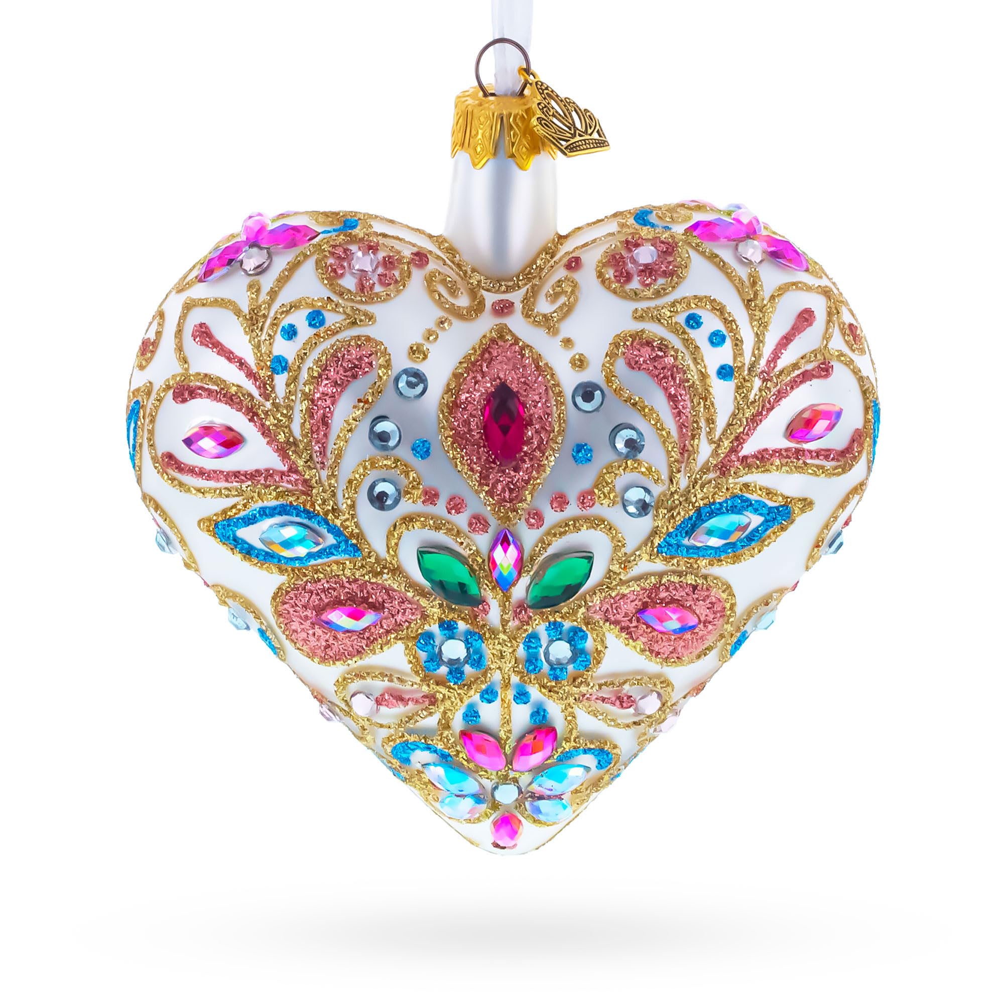Ornement en verre doré baroque en forme de cœur soufflé bouche
