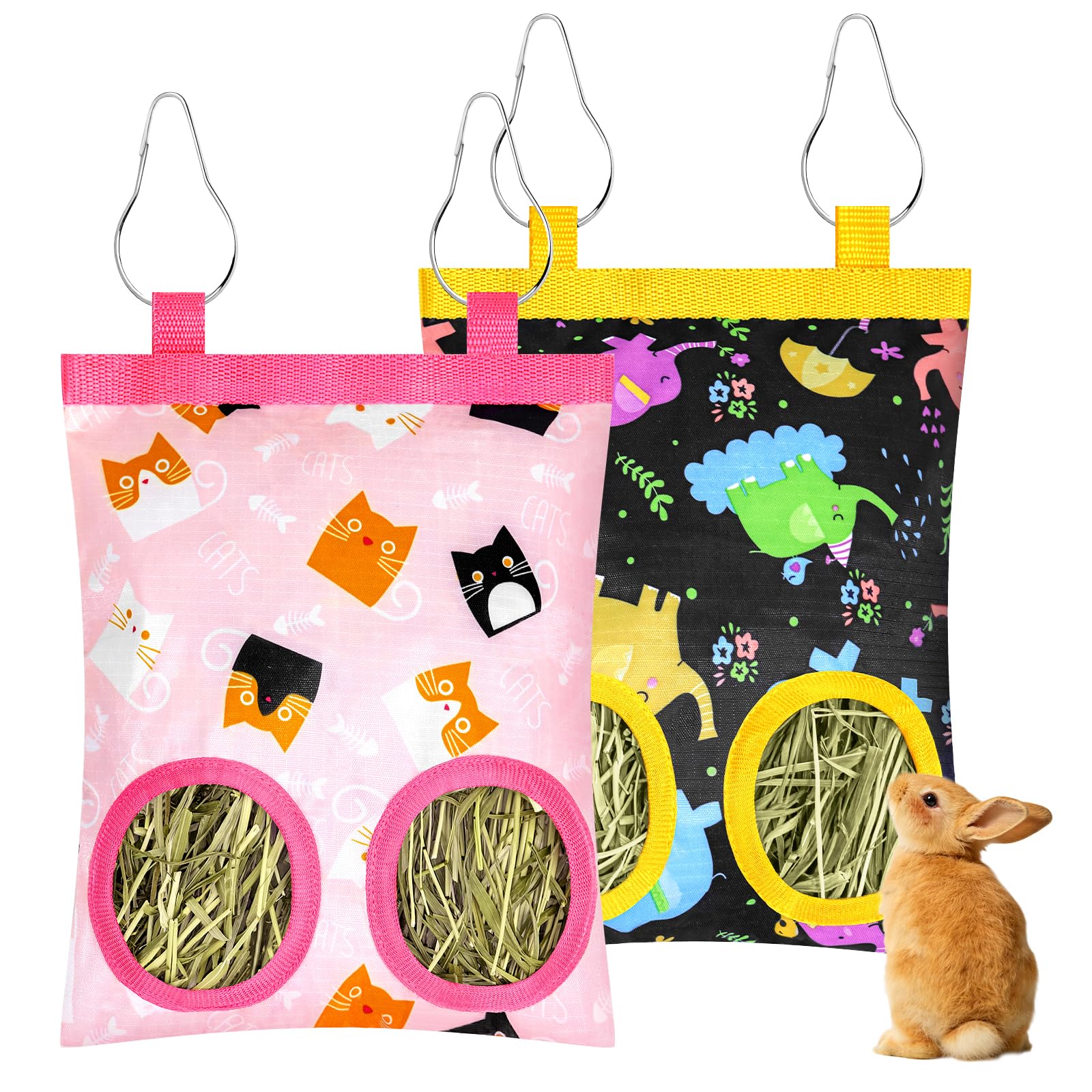 2 Pack Rabbits Hay Feeder Bag, 2 Holes Hanging Bunny Hay Feeder Guinea Pig Feeding Bag Storage Dispenser for Bunny Rabbits Chinchillas Hamsters Small Pets and Animals