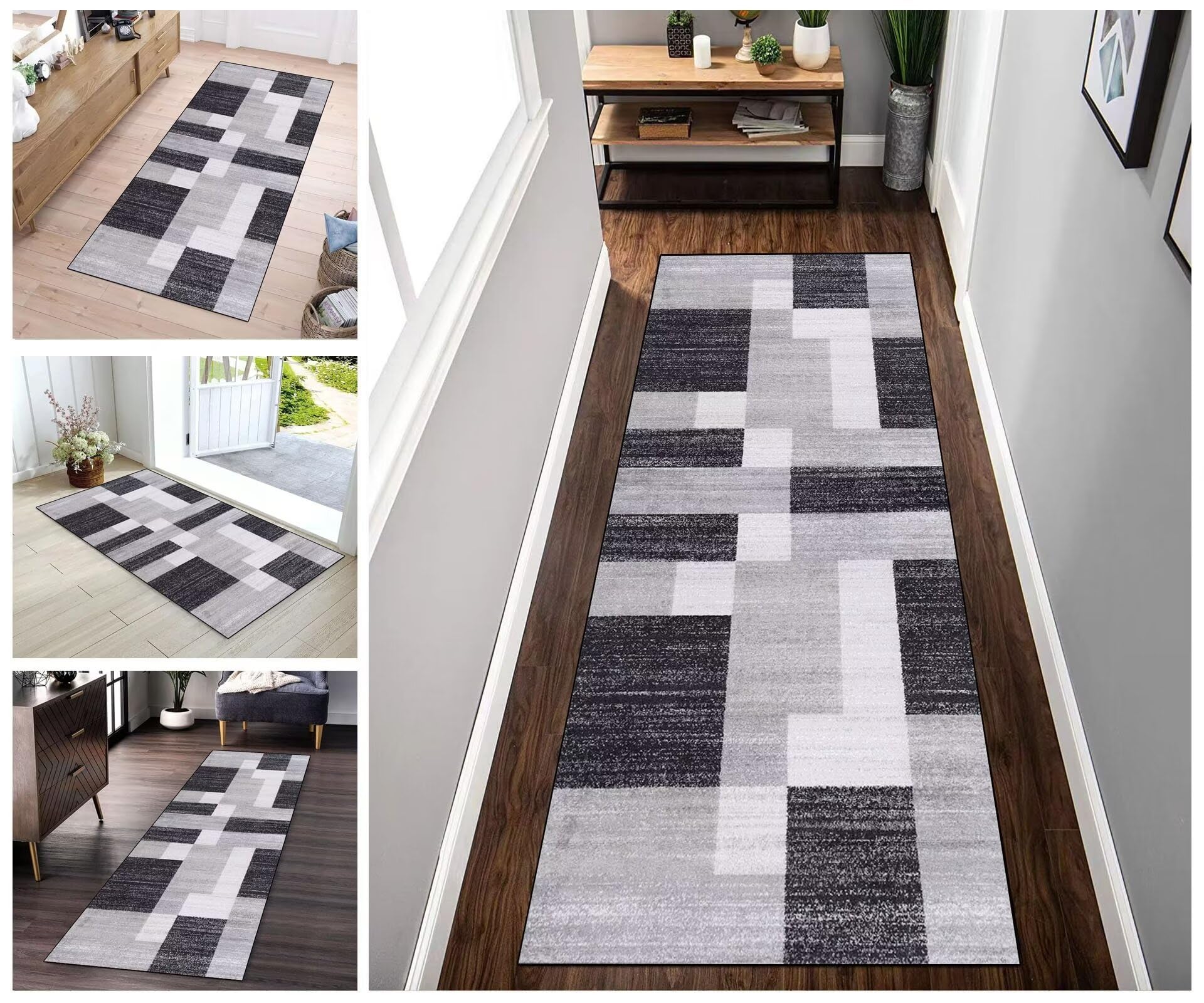 Buatisf Alfombra para pasillo, cocina, antideslizante, lavable, larga, gris, negro y blanco, alfombra de cocina, por metro, pasillo, comedor, dormitorio, salón, alfombra atrapa la suciedad