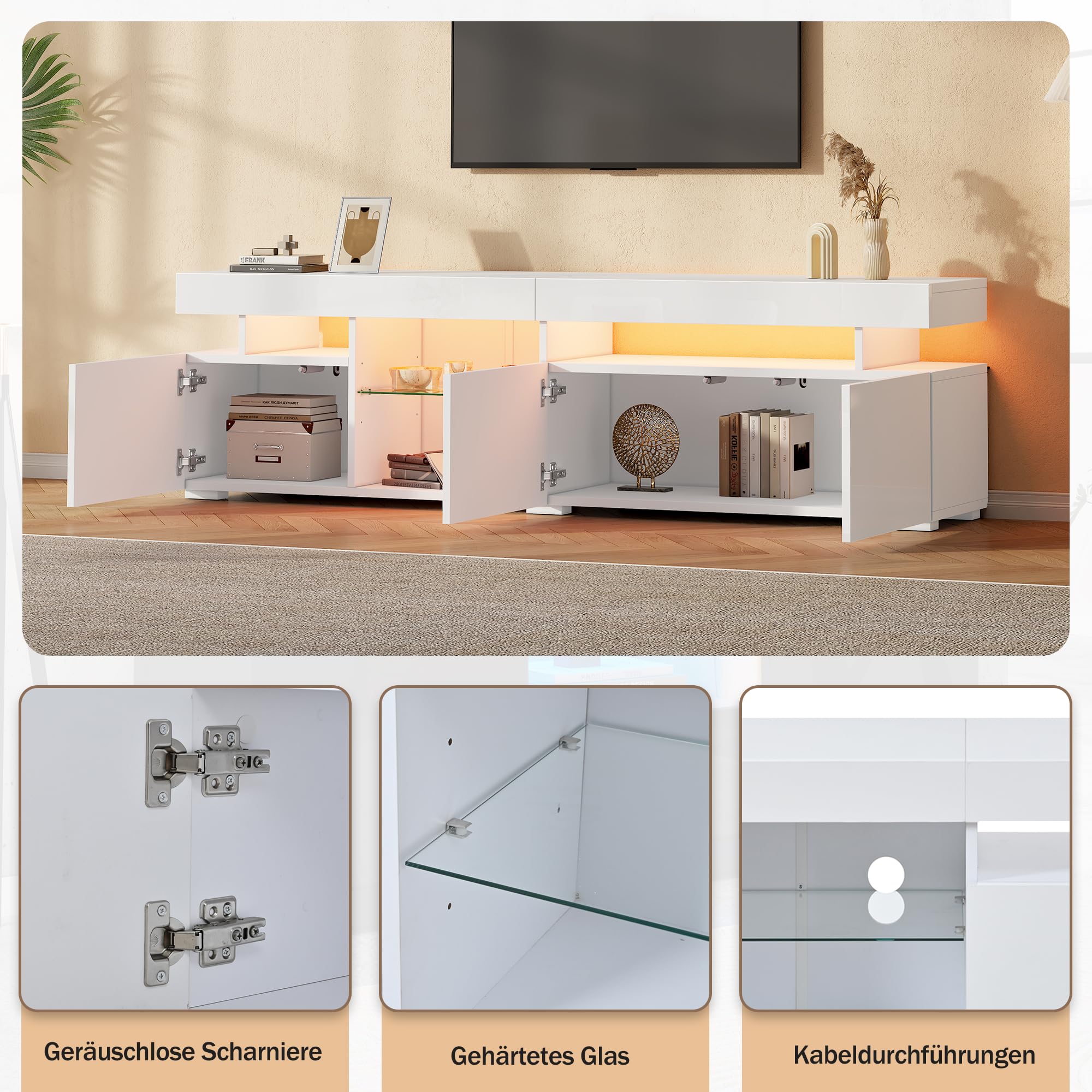 Mueble bajo Moderno LED para televisión, Soporte para TV, Tabla de TV, Equipado con estantes de Cristal Templado Ajustables, Armario de TV de 80 Pulgadas, Color Blanco, 180 cm