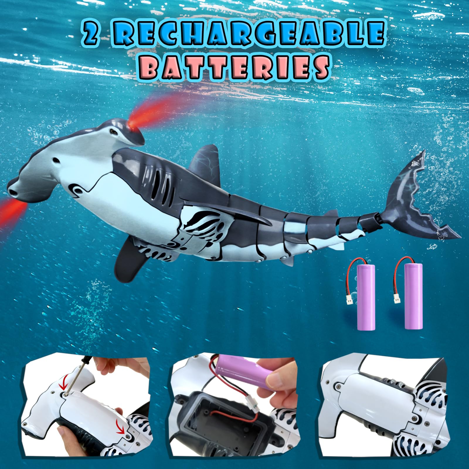 Tiburon Teledirigido Submersible, Tiburon Submarino Juguete 2.4GHz RC Tiburón con Luces LED para Piscinas, Lagos y Bañeras (Gris)