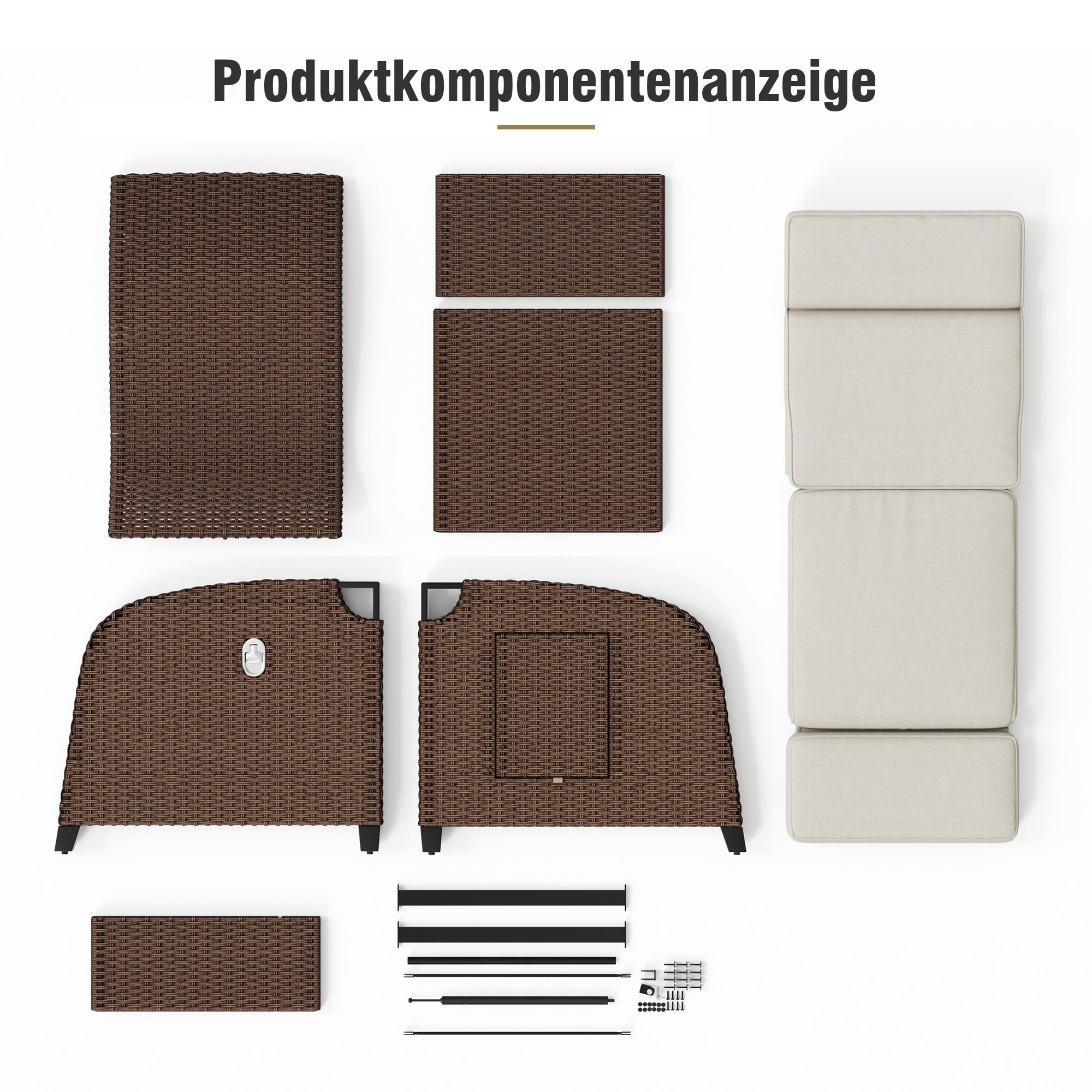 Amopatio Relaxliege Liegesessel, Rattan Sonnenliege mit Verstellbar Rückenlehne und Klapptisch, Outdoor Gartensessel wetterfestes, für Terrasse, Garten, Balkon, Beige Sitzkissen & Dunkelbraun Rattan
