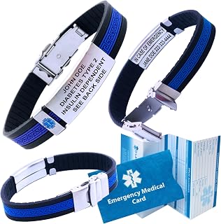 Designer Medical ID Bracelet – Ultra Slim, Hypoallergenic Waterproof Silicone Wristband – Custom Engraved Stainless Steel Plate, Emergency Medical Card, and 12-Month Personal Health Record Access