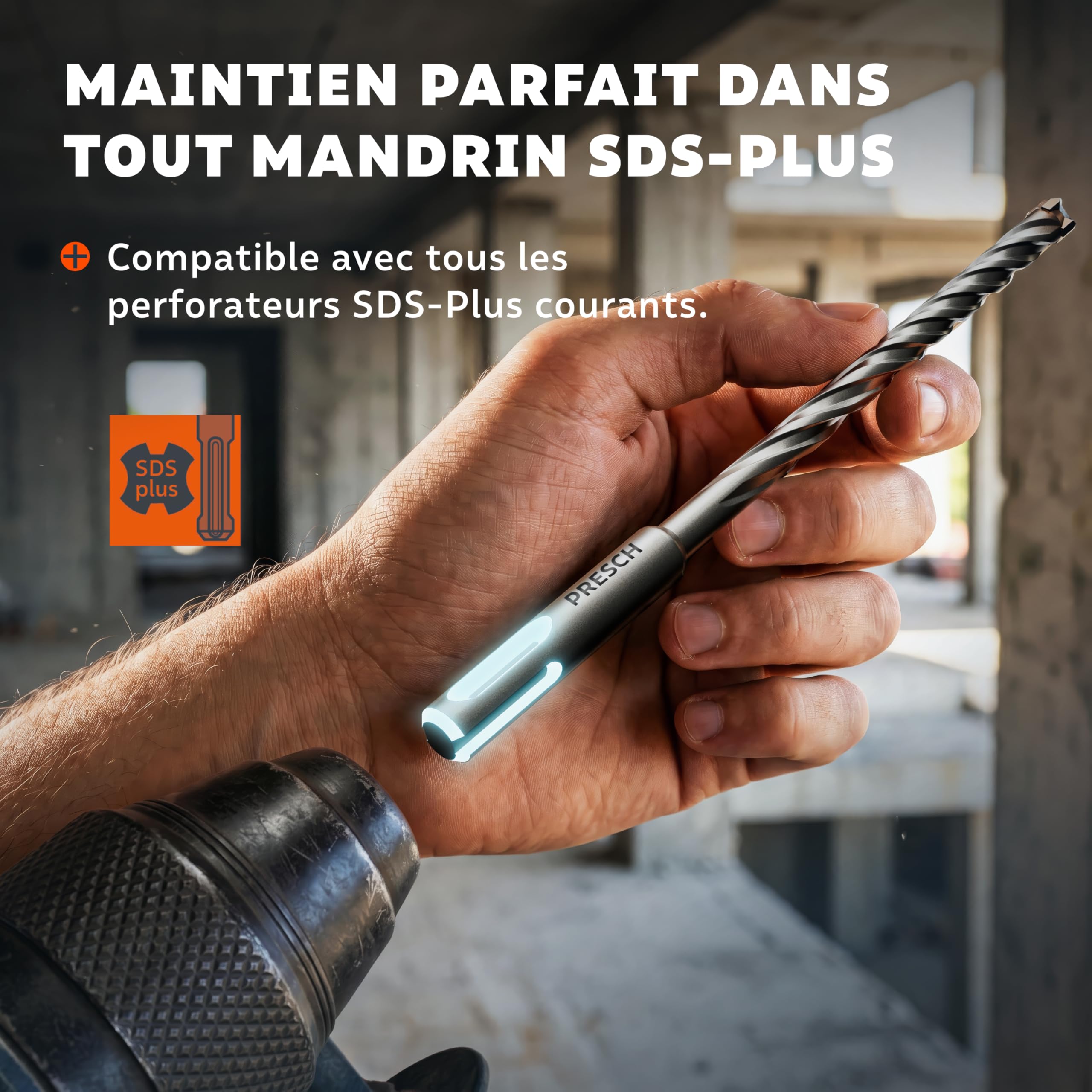 PRESCH Forets Béton SDS plus 10mm (10 pcs) – Mèche béton armé et pierre à 4 taillants carbure – Indicateur de profondeur de perçage – Foret SDS Plus robuste pour granit, brique et maçonnerie