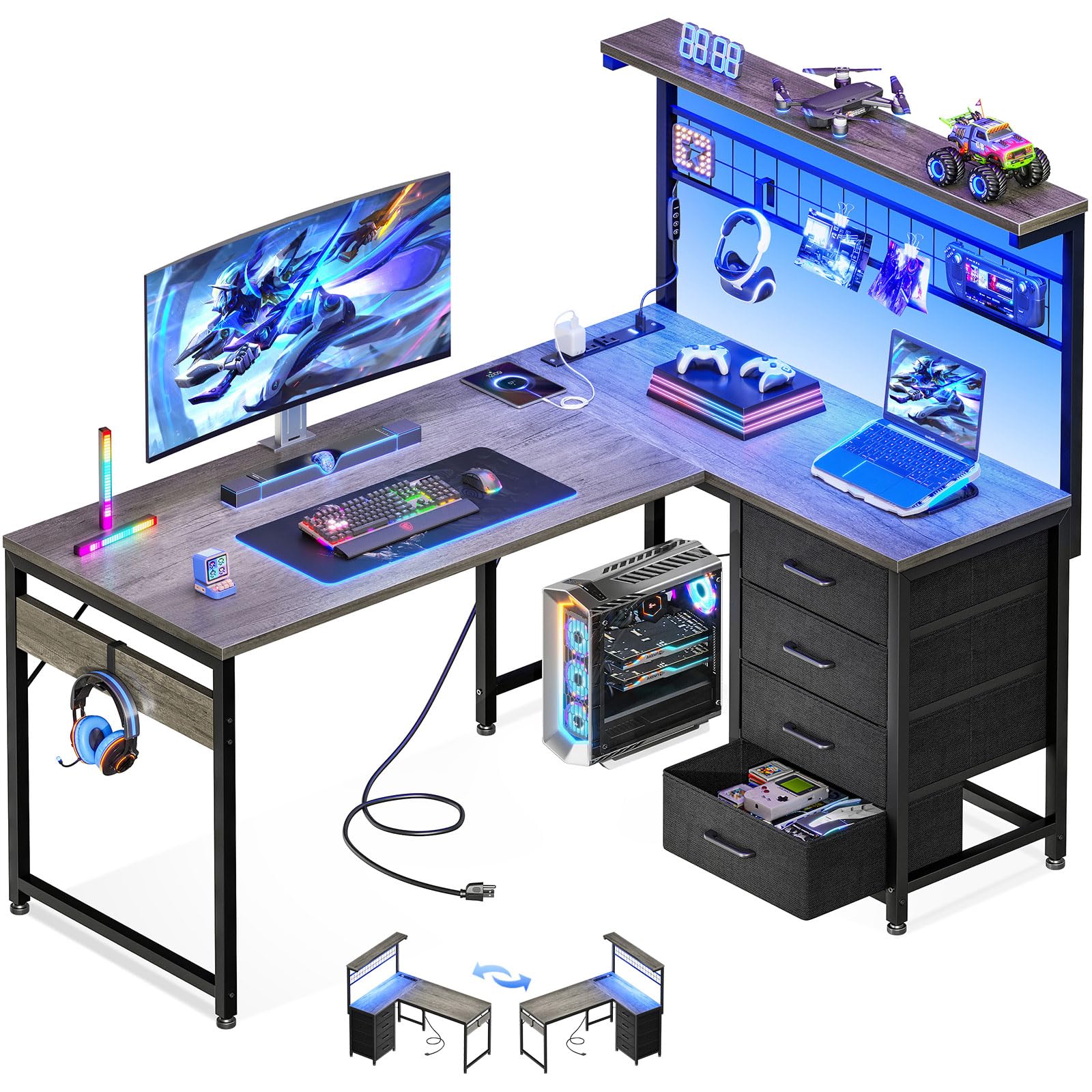 MOTPK 43” L Shaped Gaming Desk for Small Rooms, Compact Corner Computer Table with Shelf & Hutch, 4 Drawers, Reversible Study Table with LED Light,