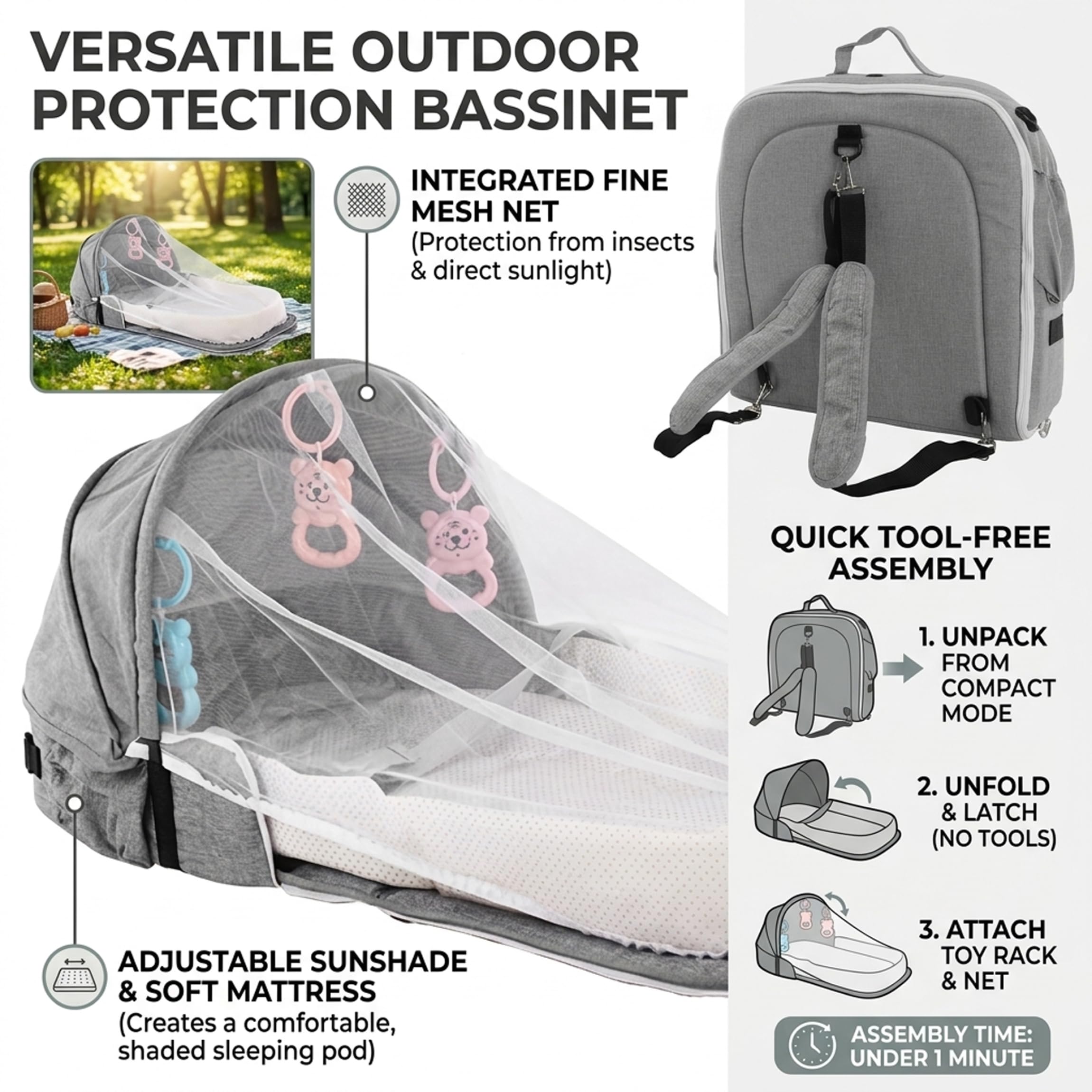 Couffin de lit pour bébé, couffin de voyage, portable et pliable pour voyage – Style sac à dos gris avec filet, pare-soleil et support à jouets amovible, lit co-couchette pour un usage quotidien
