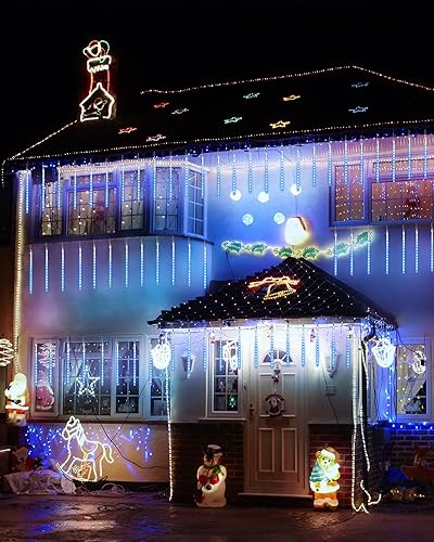 Miniatura 7 de iBaycon Luces de lluvia de meteoritos, carámbanos en cascada o gotas de lluvia, impermeables, de exteriores, conectables, temporizador, decoración