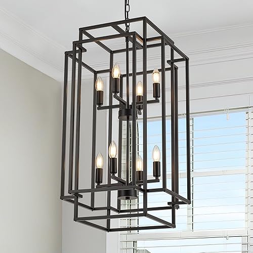 Miniatura 1 de Lámpara colgante de 8 luces, farol escalonado, de metal negro, para sala de estar, vestíbulo, vestíbulo, cocina, isla, comedor, sala de estar,