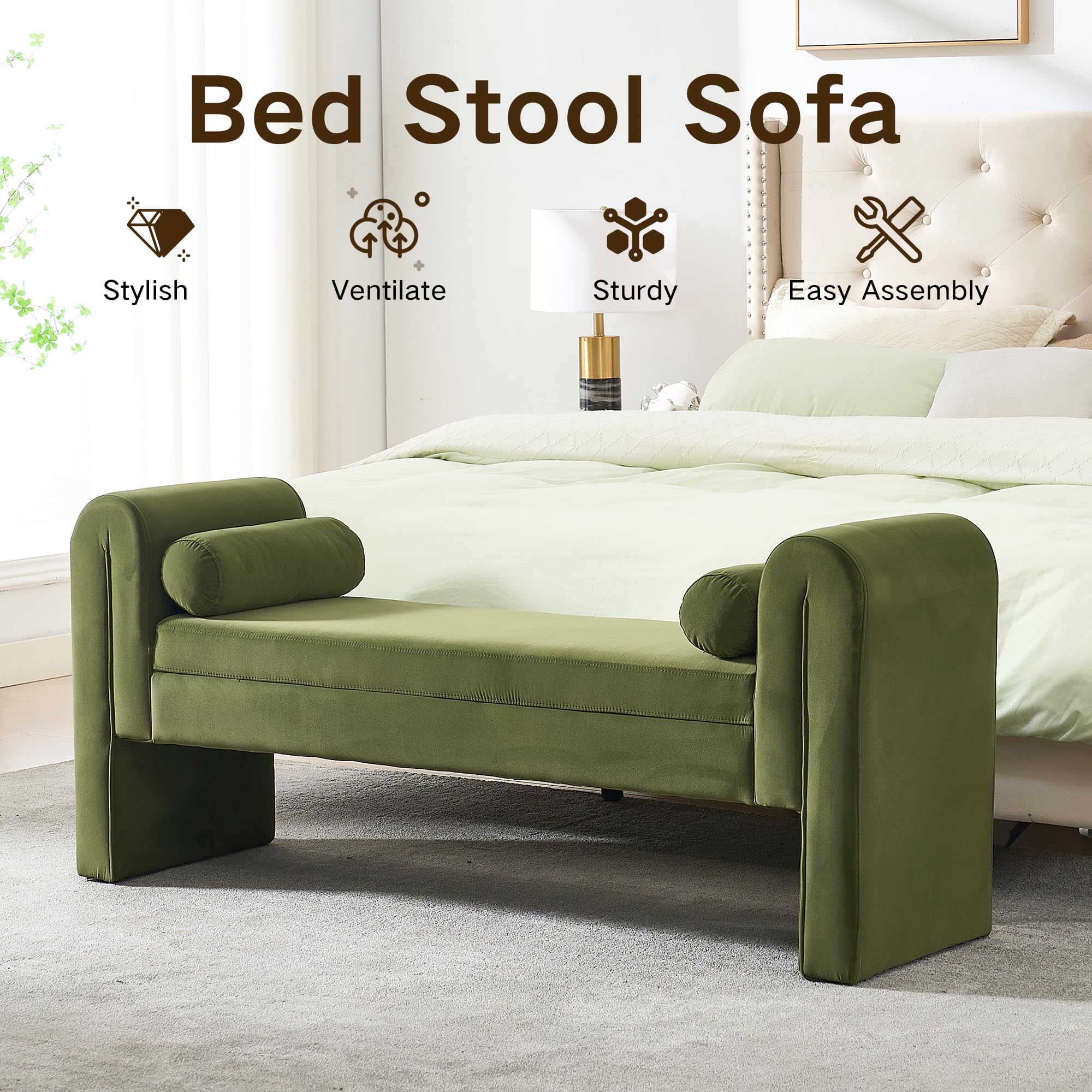 Hdxdkog Storage Bench for Bedroom End of Bed, Velvet Upholstered Rolled Armed Button Tufted Sofa Stool Bench, Storage Ottoman Couch Long Bench with Solid Wood Legs (): Green-60.5 Inch