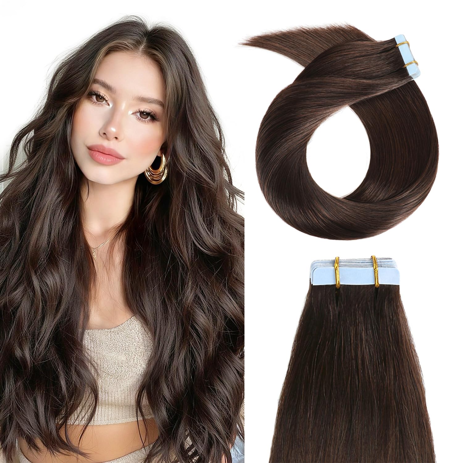 YILITE Dark Brown Tape In Hair Extensions Human Hair 28 inches 20pcs 60g Silky Straight Remy Human Hair Tape Ins Extensions for Women