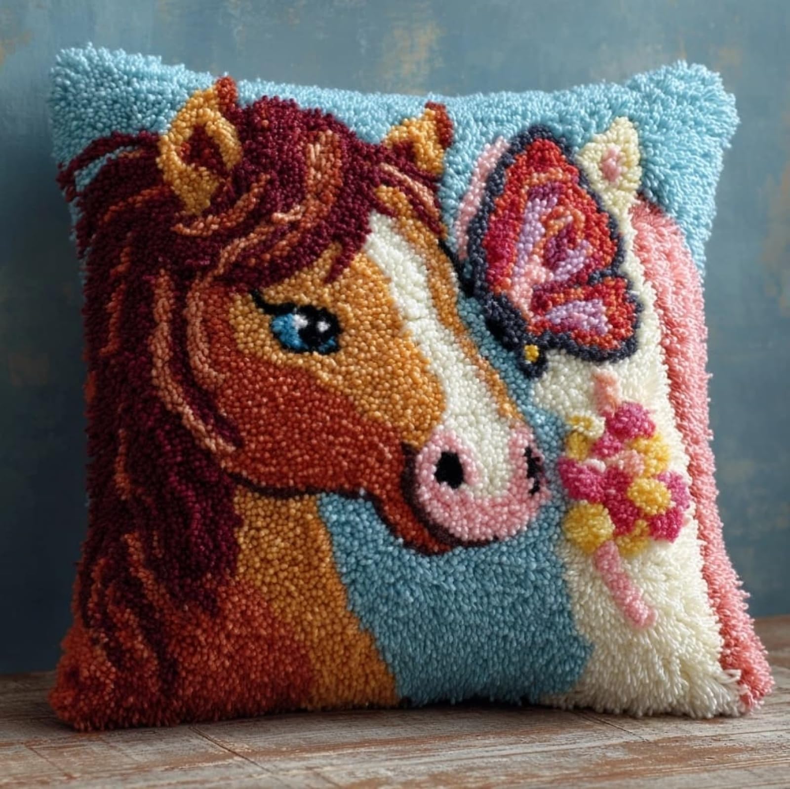 WallustrioaW Latch Hook Pillow Kit 43x43cm,Horse and Butterfly