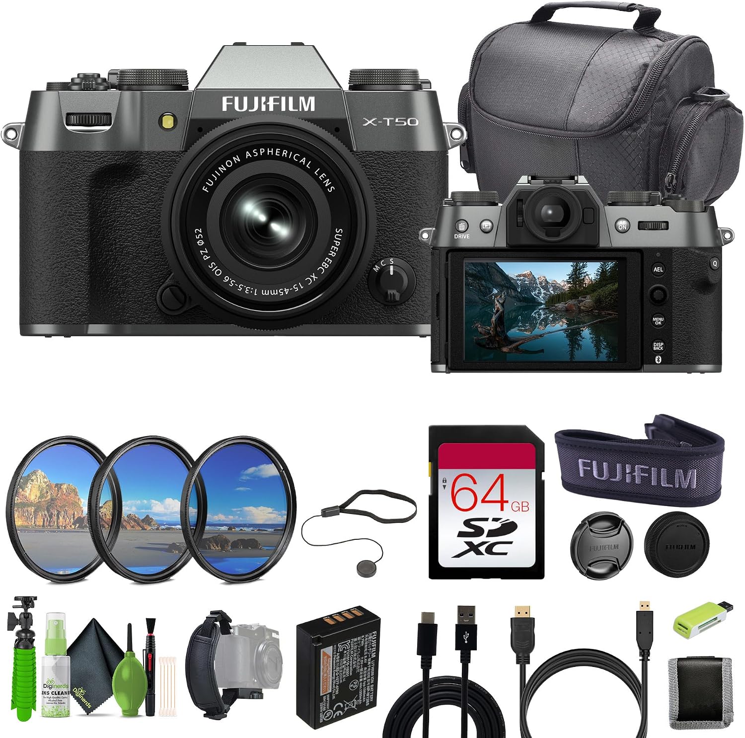 X-T50 Mirrorless Camera with 15-45mm Lens (Charcoal Silver) Bundle | 40.2MP X-Trans CMOS 5 HR sensor with 6.2K video For Photography, Video & Content Creation | Includes 64GB Memory Card + More