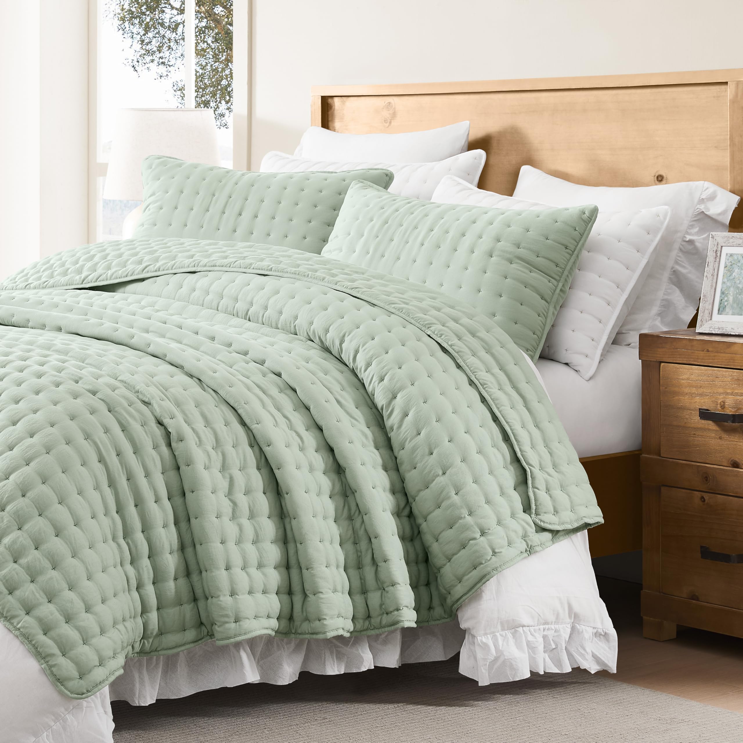 WDCOZY Set di biancheria da letto matrimoniale verde salvia con federa, copriletto trapuntato leggero e morbido, per tutte le stagioni, 2 pezzi, 172,7 x 228,6 cm
