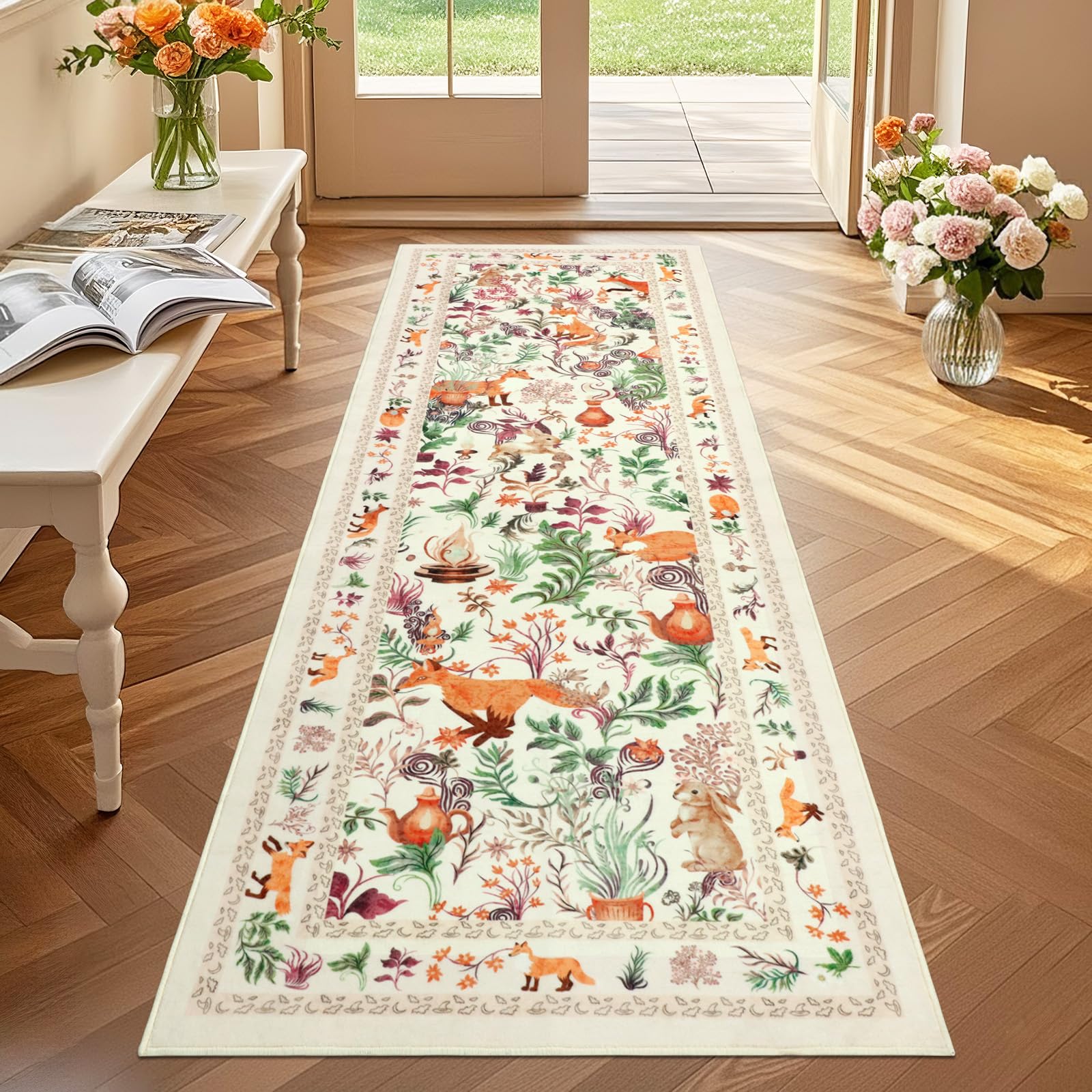 GEANUP Runner Rugs for Hallway 60×180cm, Beige Washable Kitchen Carpet Runner Non-Slip, Fairytale Fox Hall Carpet Floor Mat for Entryway Kids Bedroom Laundry Living Room Non Shedding — image 1