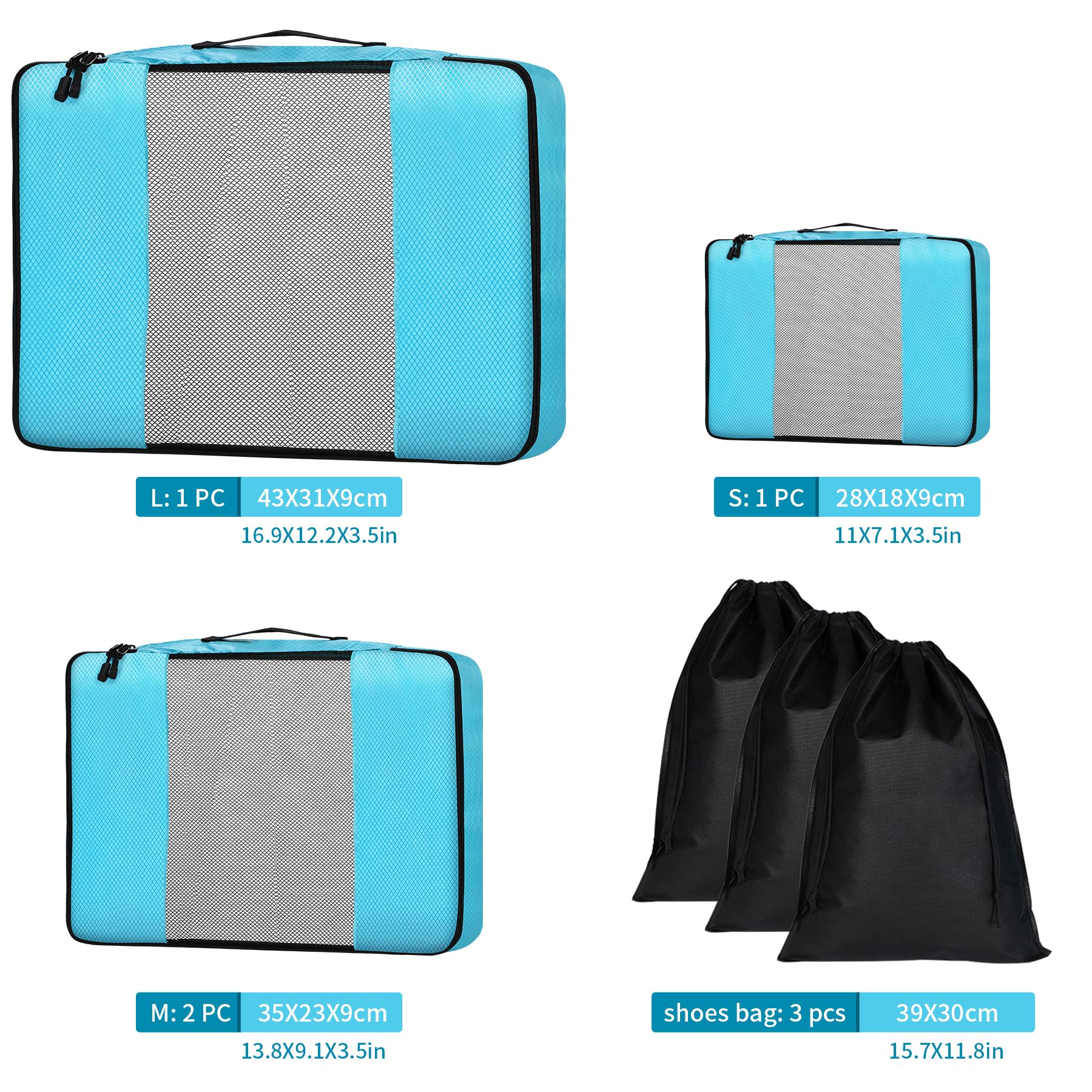 Set 7 Packing Cubes Per Valigia - Organizzatore Viaggio Con Sacchetti Compressione | Blu Impermeabile - Foto 7