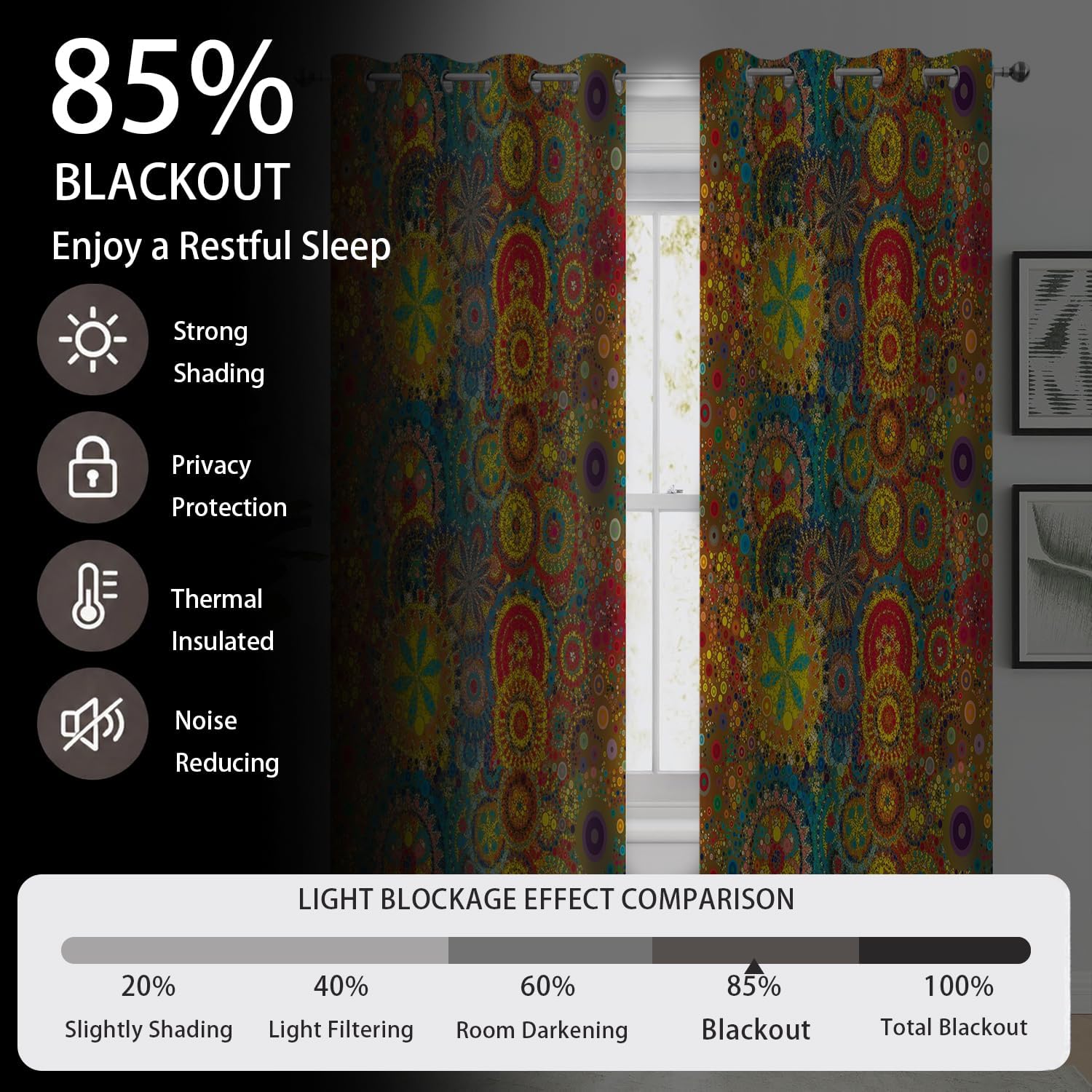 Boho Blackout Curtains, Modern Retro Hippie Pattern Room Darkening Thermal Insulated Grommet Window Drapes for Living Room Bedroom Decor 2 Panels 52x84 Inches
