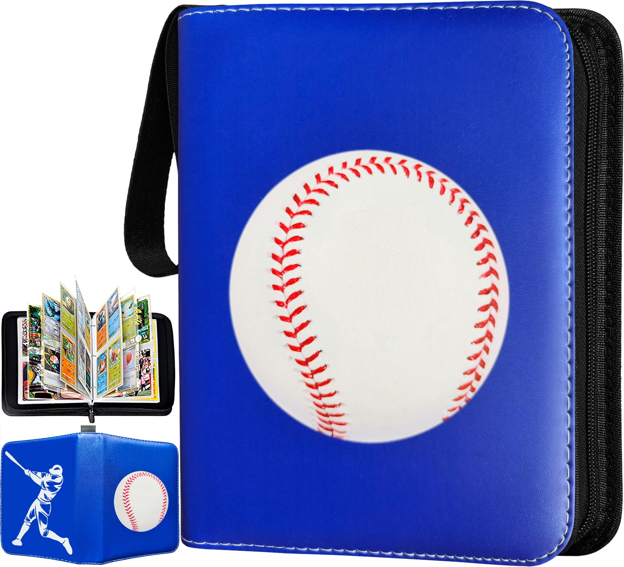 Baseball Card Binder 440 Pockets, 55 Sleeves Baseball Card Book 3 Ring, Zipper Trading Card Holder 4 Pocket, Small Collector Album Folder Case Protector, Blue Sports Collection Storage Organizer Gift