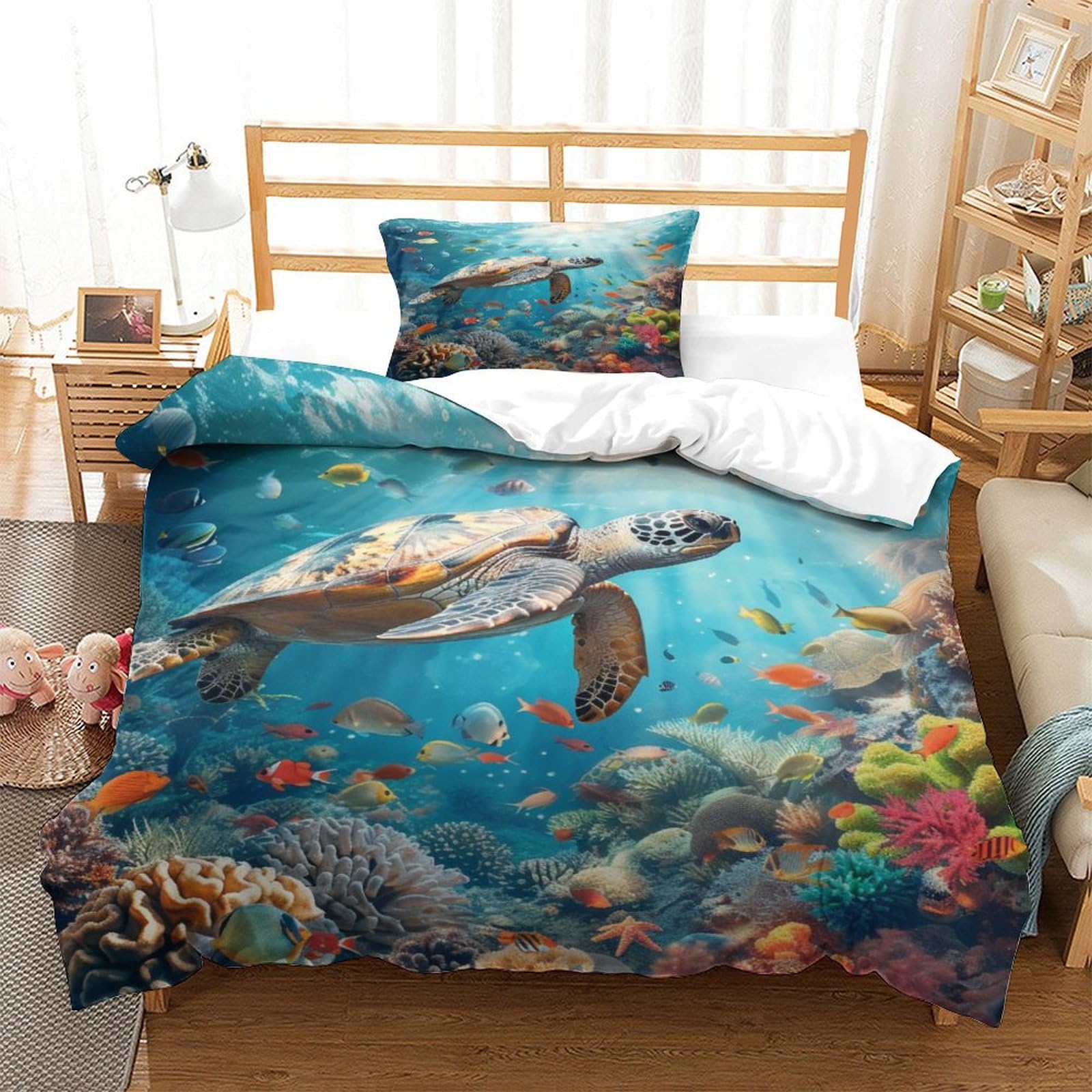P1s9u7w5y Sea Turtle-4 3D Printed Ocean Turtle Duvet Cover Set 3Pcs Microfiber Coral Reef Bedding Set Single（135X200cm）