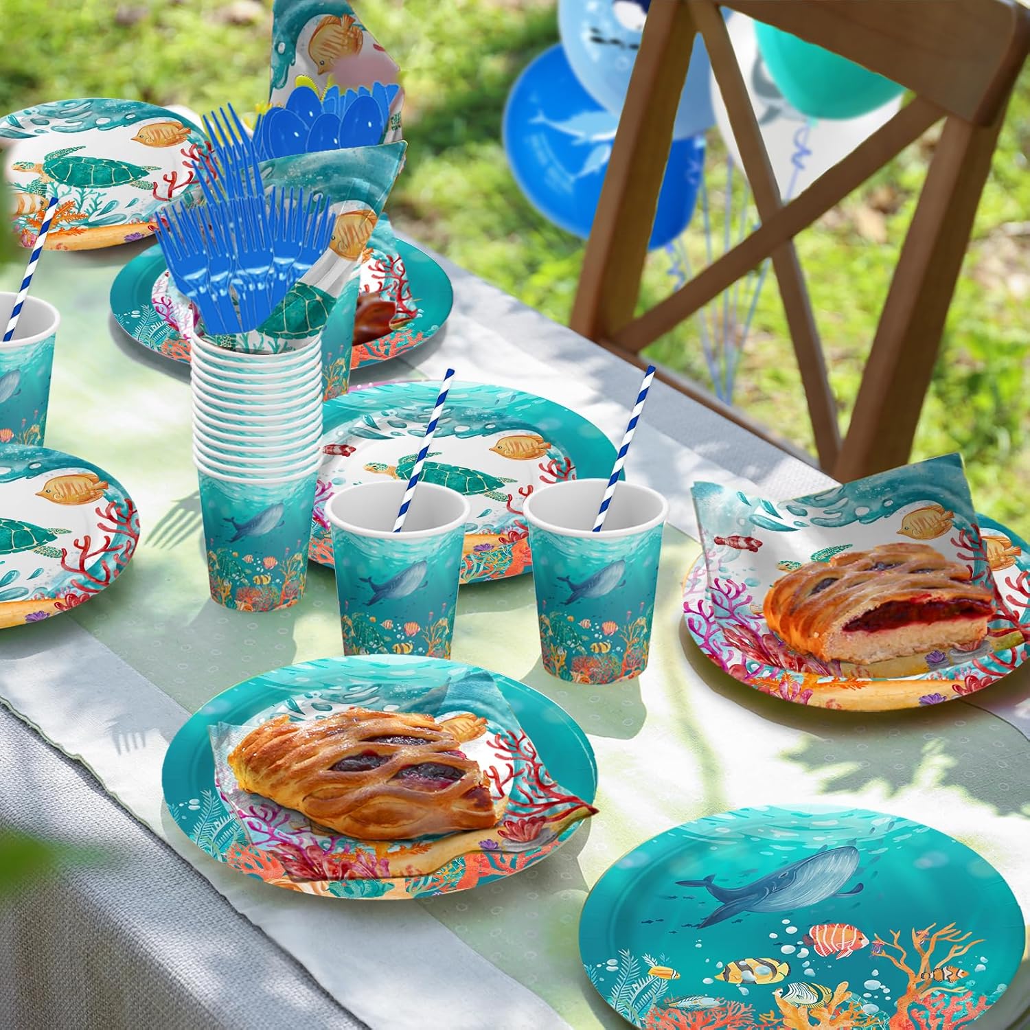 205 Pieces Under the Sea Party Decorations - (Serves 20) - Ocean Animal Birthday Party Supplies - Ocean Themed Disposable Dinnerware with Banner, Cake Topper, Plates, Cups, Napkins, Tablecloth