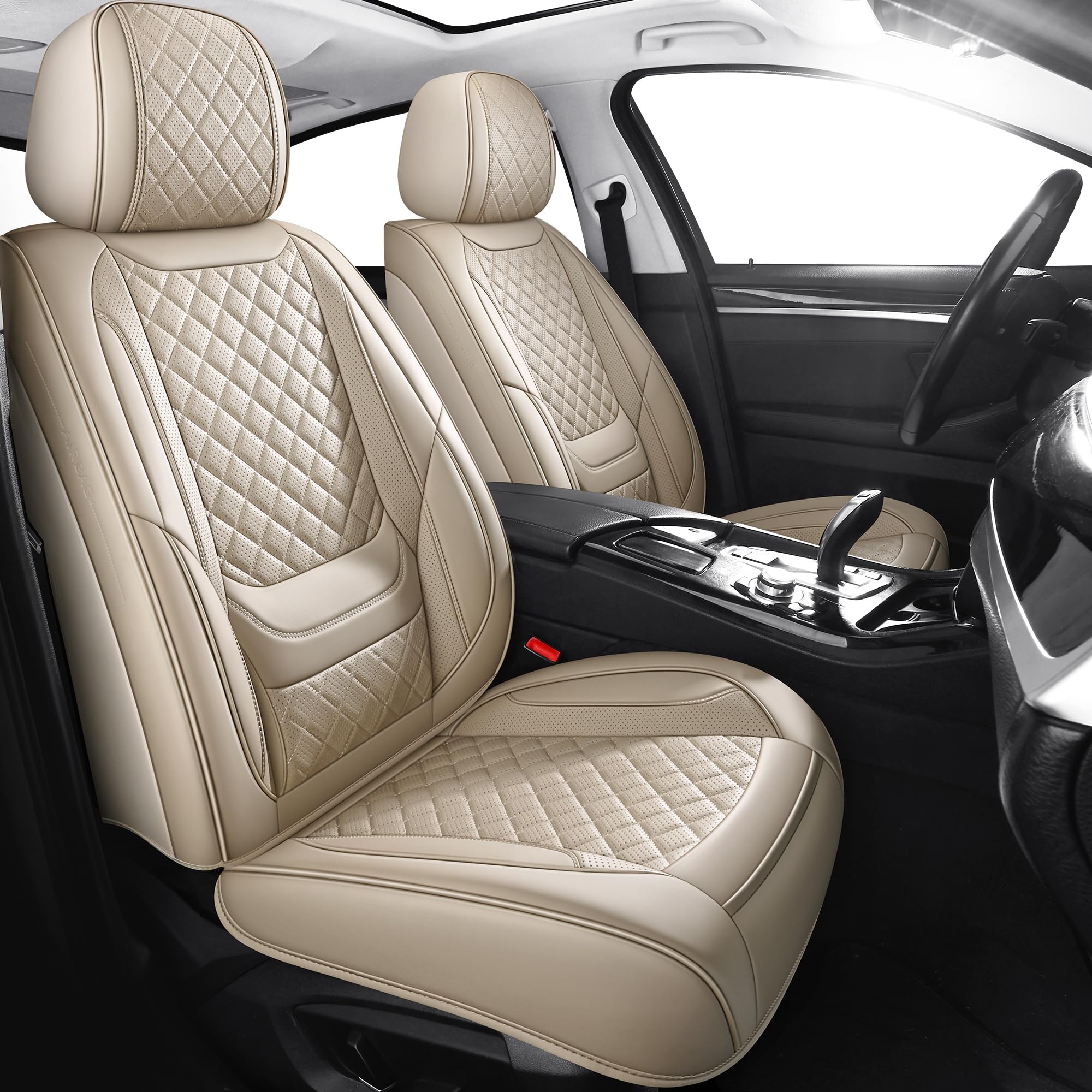 Chezope Leather Seat Covers, Beige Car Seat Covers Front Pair, Breathable Car Seat Protectors, Wear-Resistant Car Accessories, Universal Fit for Most
