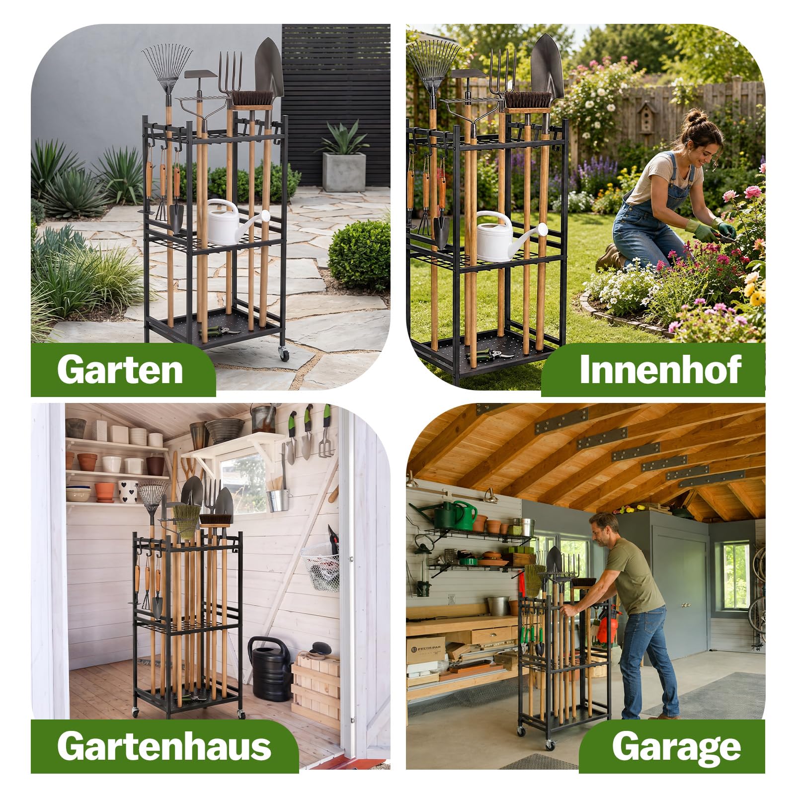 Gartenwerkzeug Organizer auf Rollen, Gartengeräte Aufbewahrung Ständer