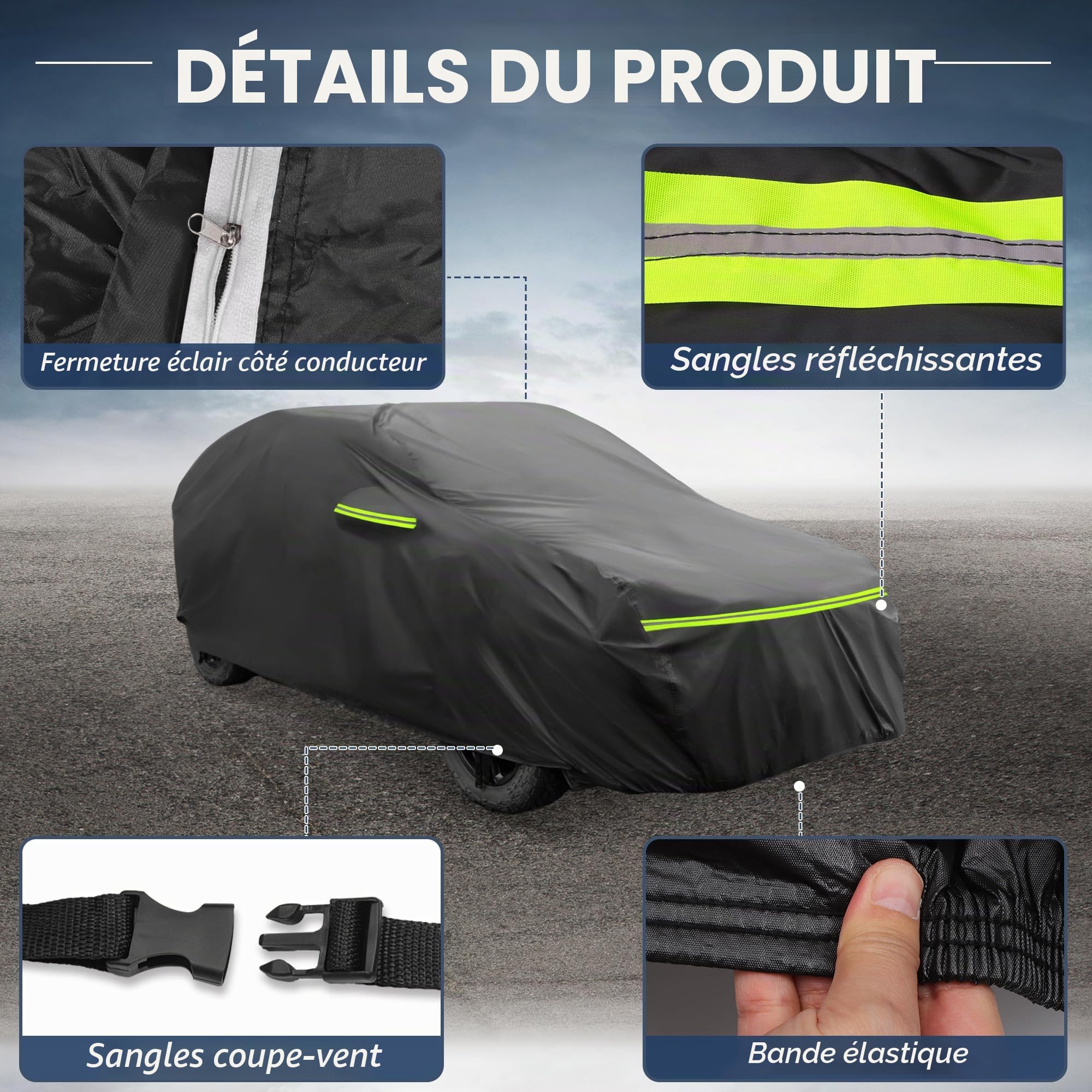 A ABSOPRO Housse Voiture Complète pour Renault Kangoo II 08-21 1pc | Couleur Noir, Matériau 210D-PU, Extérieur, Coupe-Vent, Protection Solaire, Fermeture Éclair Porte Conducteur, Respirant