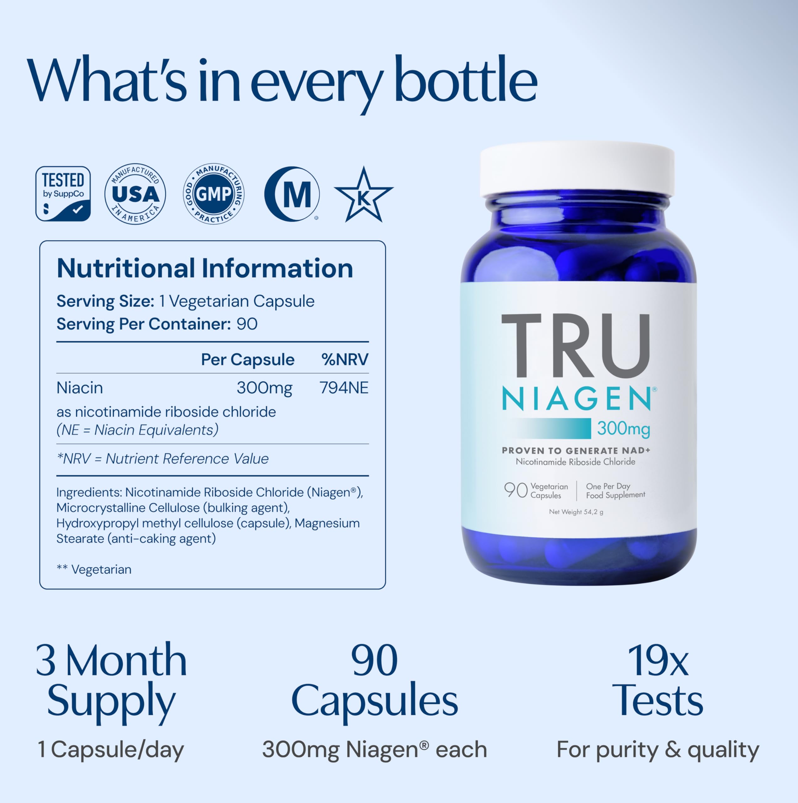 TRU NIAGEN Suppléments de NAD+ pour réduire l'épuisement et la fatigue, formule brevetée nicotinamide riboside NR (90 portions (1 x 90))