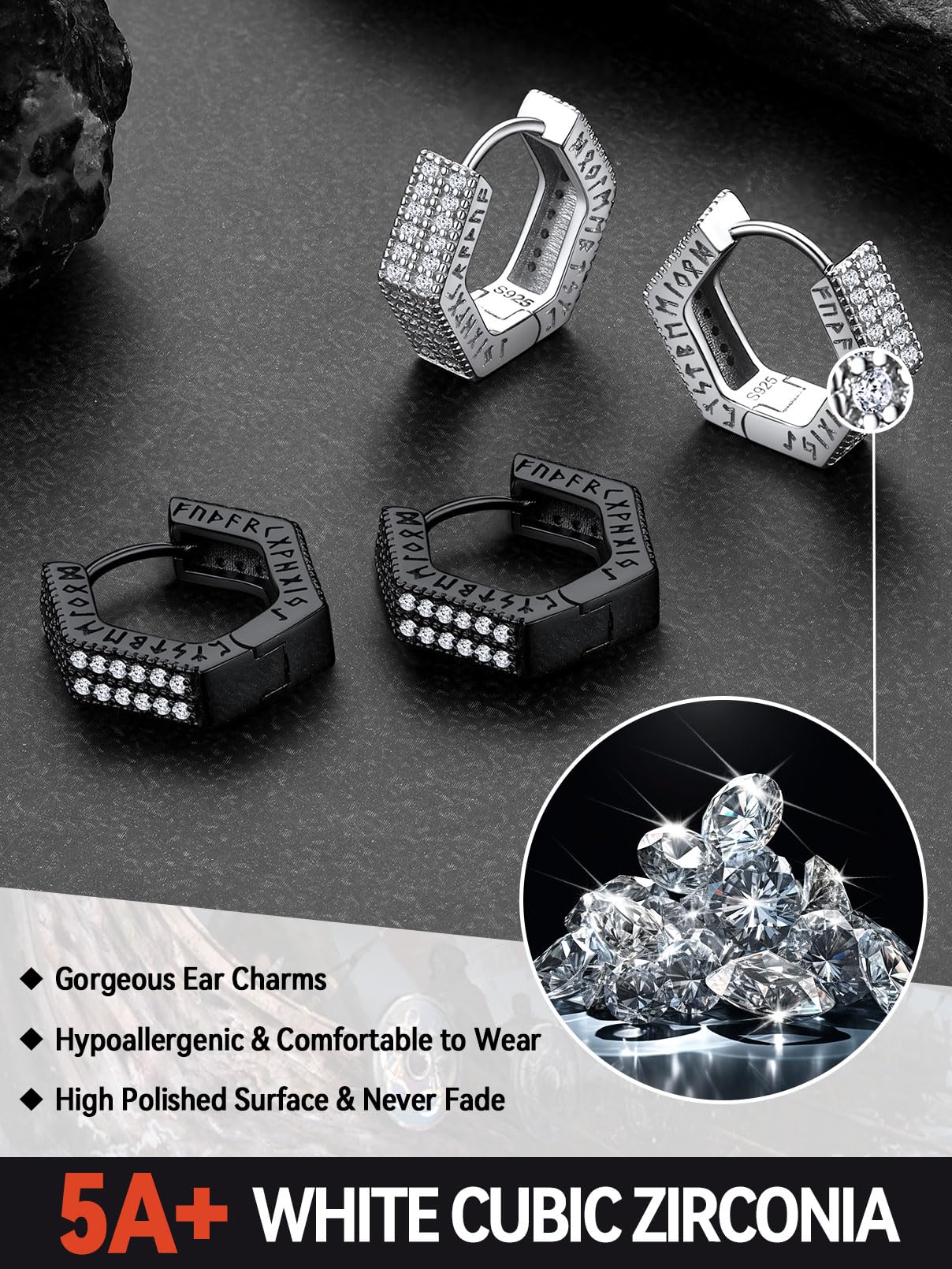 FaithHeart Pendiente Vikingos Runas Plata de Ley 925 Hombre Pendientes Circonitas Brillantes Joyería Amuleto