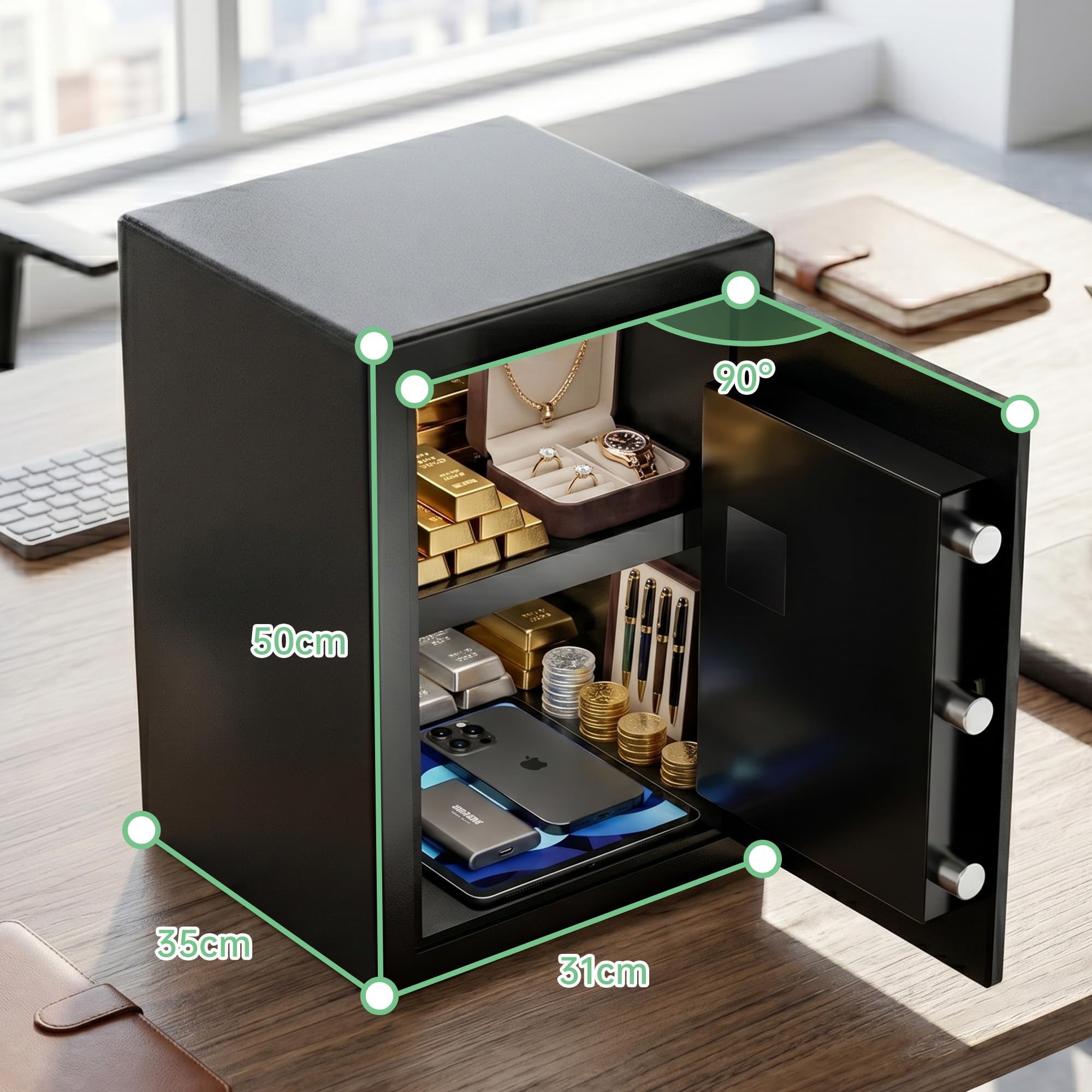 Caja Fuerte Digital 51L Acero para Hogar y Oficina, Cerradura Electrónica con Código y Llave, Seguridad Antirrobo para Dinero, Joyas y Documentos, 35x33x50cm Negro
