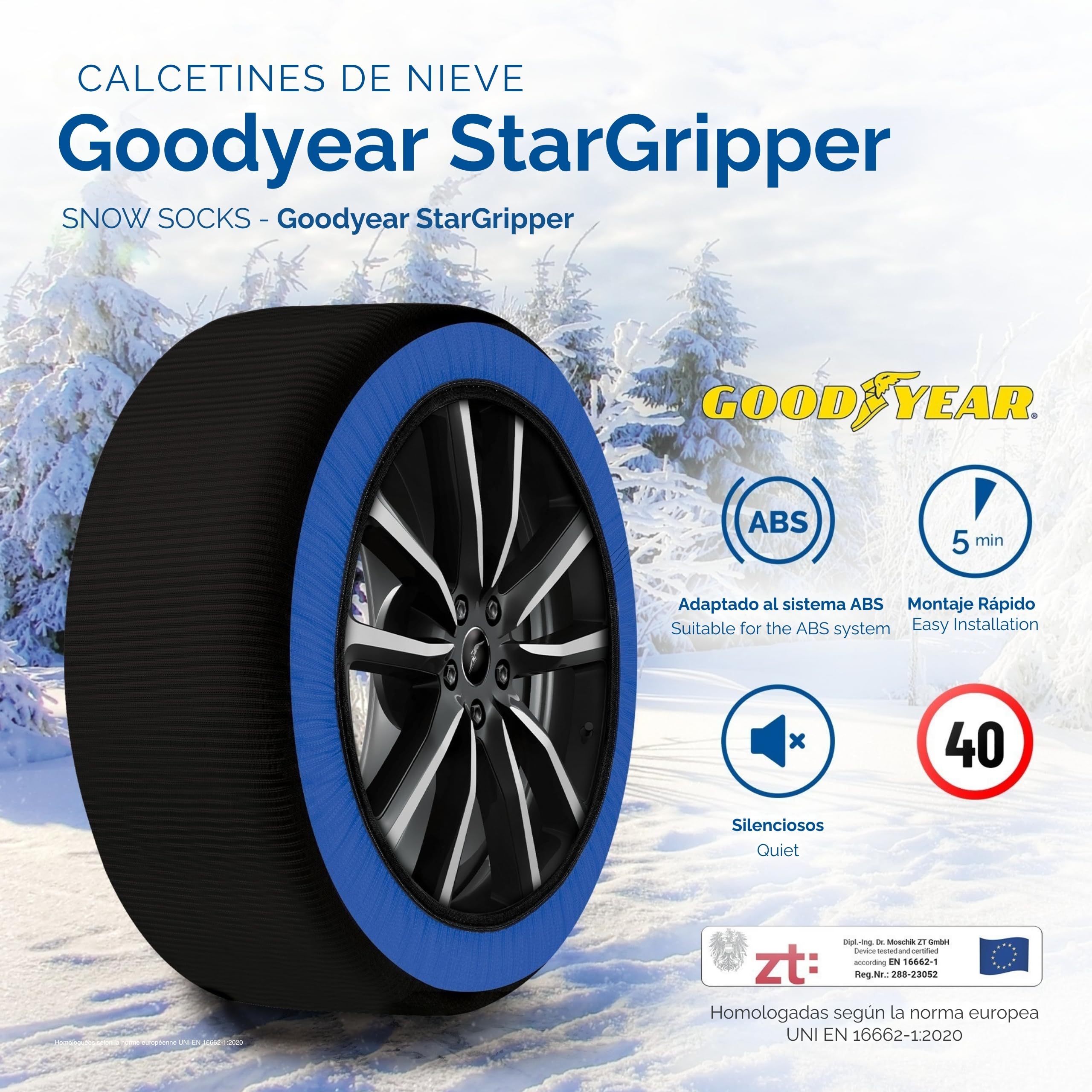 Goodyear Calcetines de nieve GoodYear Star Gripper homologados Italia EN 16662-1:2020 dos cadenas de nieve de tela para coche. Snow Sock Talla XL