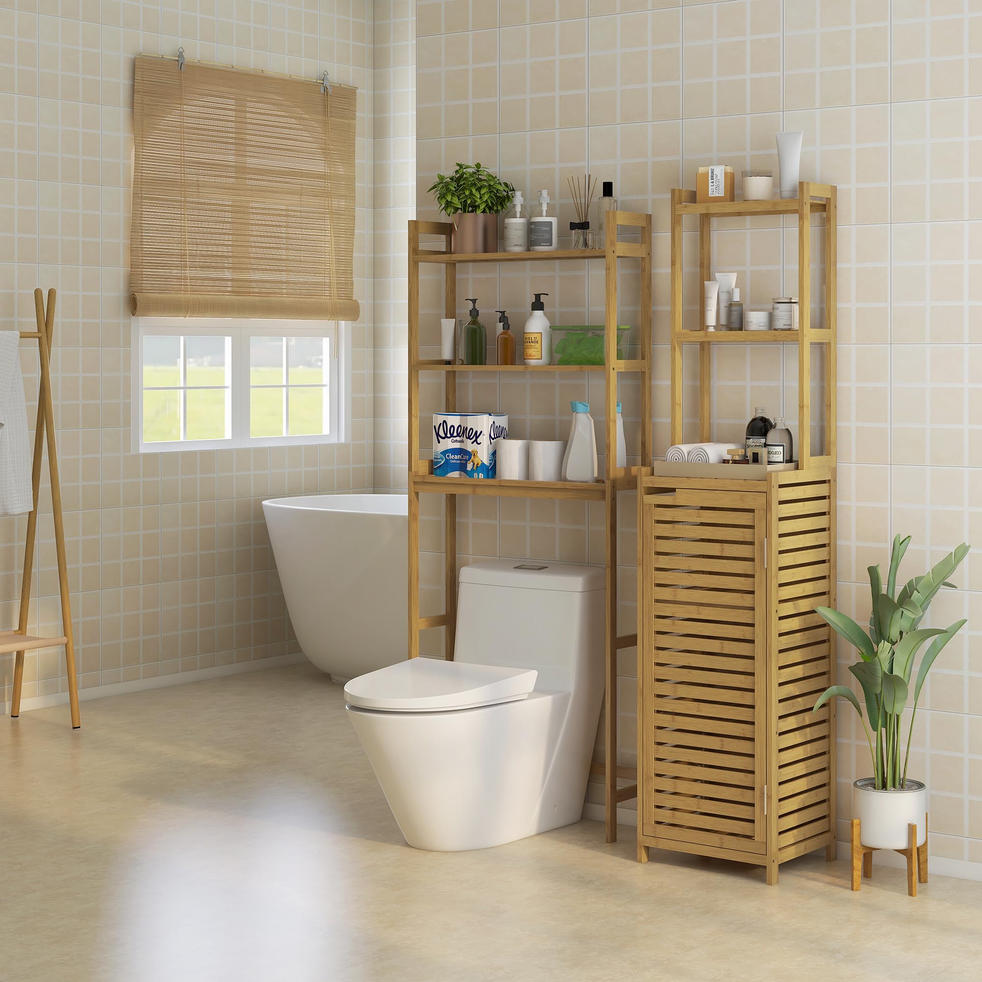 HOMCOM Meuble Colonne Salle de Bain en Bambou 38,5 x 33 x 170 cm Naturel | Armoire Haute, 3 Étagères, Placard 1 Porte, Meuble de Rangement sur Pied
