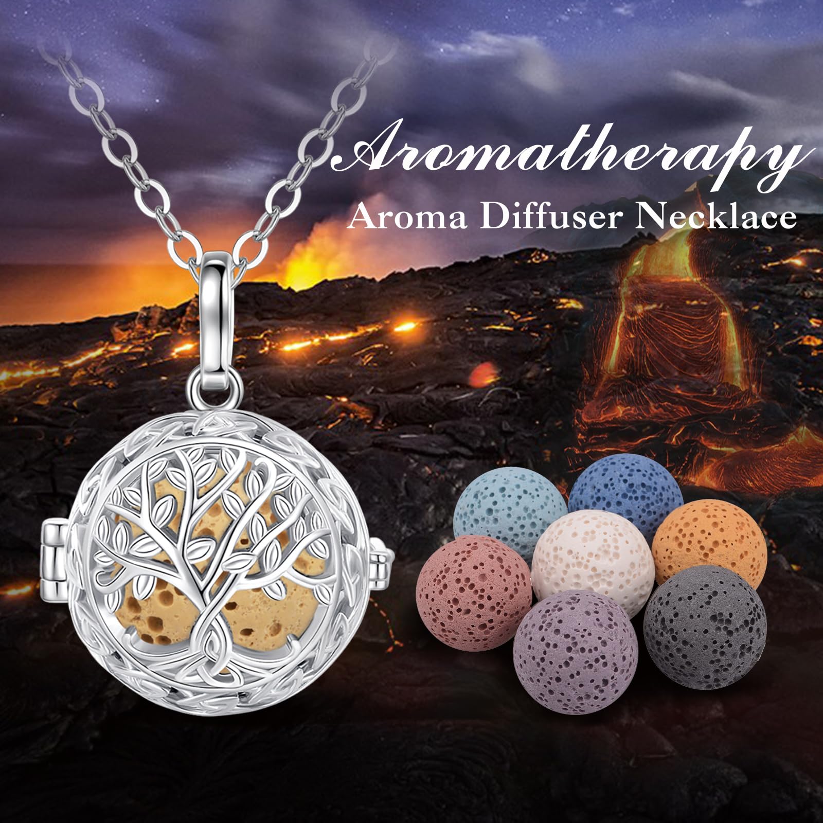 EUDORA Harmony Ball Aromaterapia Collana Donna Diffusione Aroma Collane Donna Aroma Olio Diffusore Ciondolo Gioielli Yoga Regali per Donne Madre con Pietra Lavica 7PCS, 24"