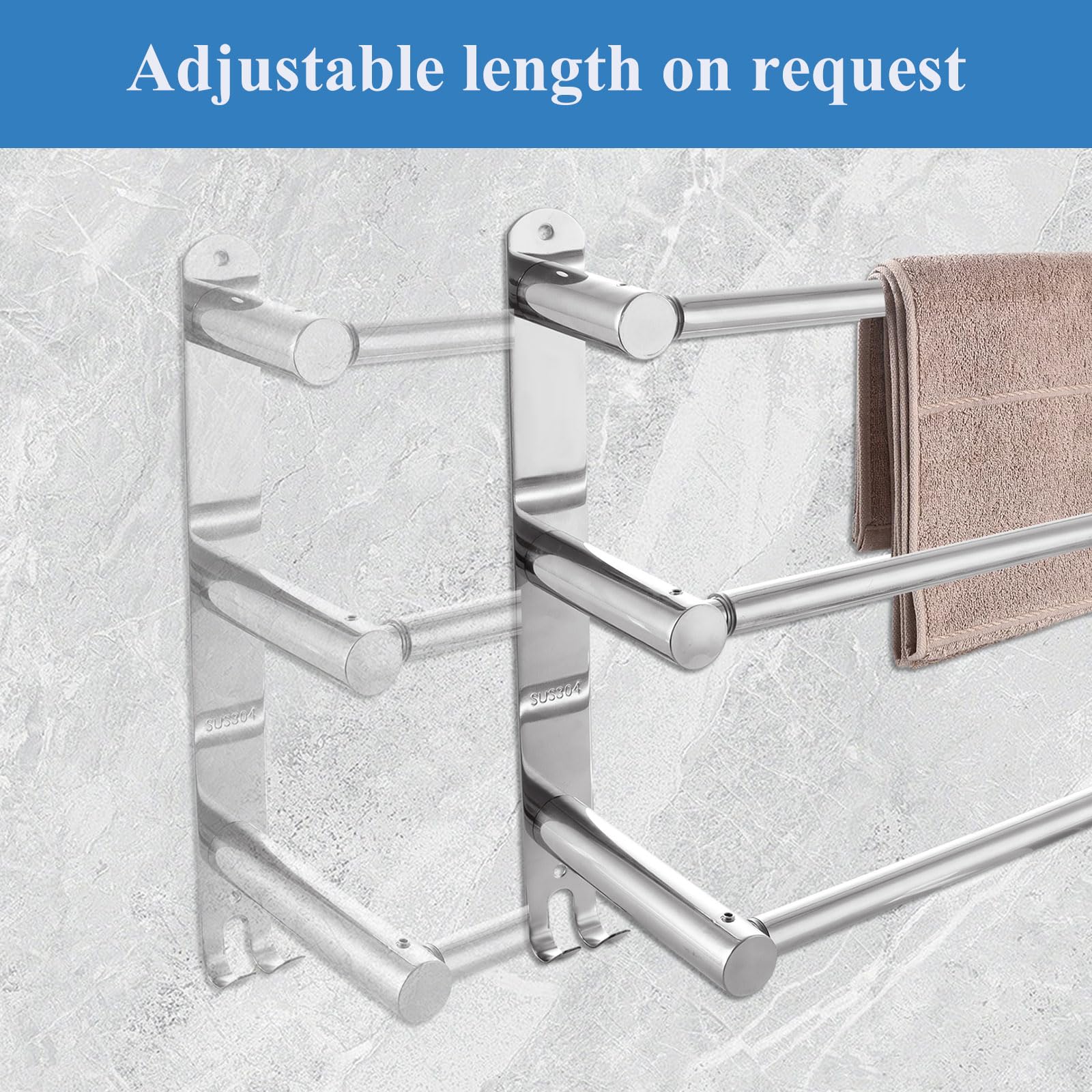 GBACHOOSE Adjustable Towel Rail, 3-Tier Towel Rack Wall Mounted, SUS 304 Stainless Steel Towel Shelves with Hooks - Image 3